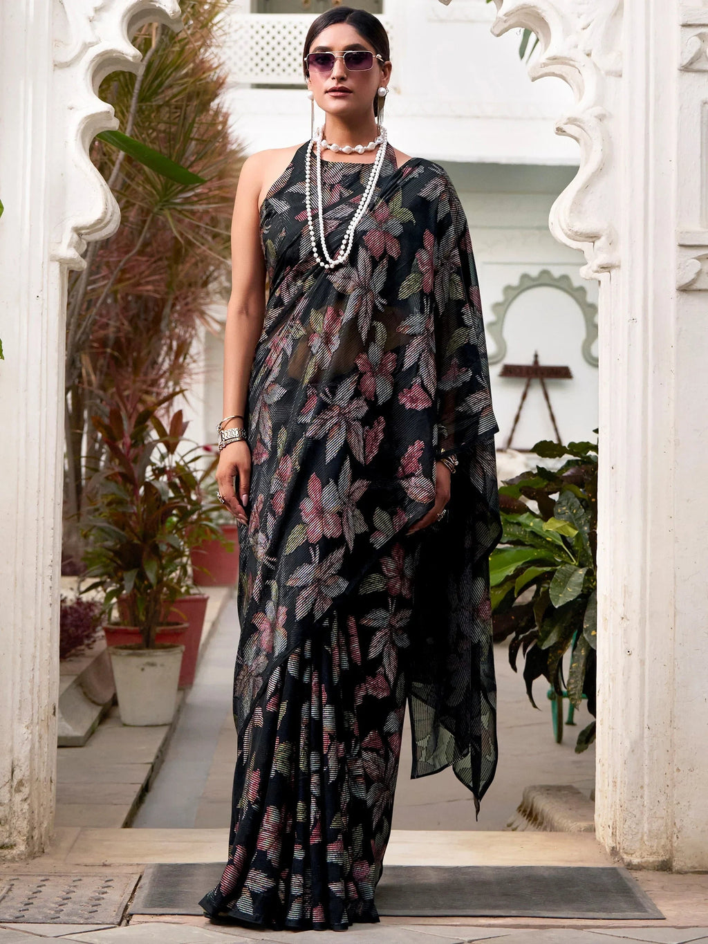 Black Attractive Floral Brasso Casual Wear Saree With Blouse