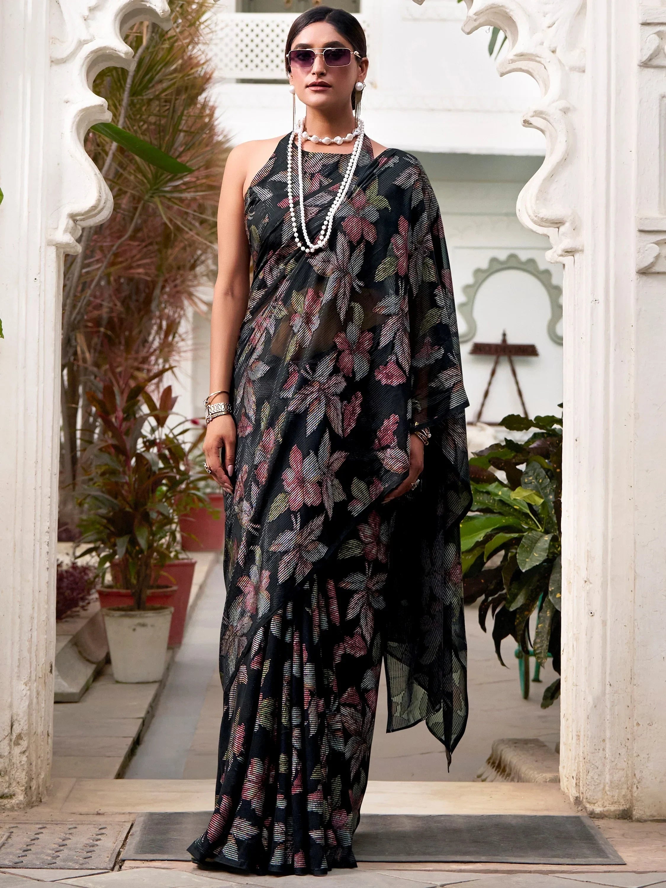 Black Attractive Floral Brasso Casual Wear Saree With Blouse