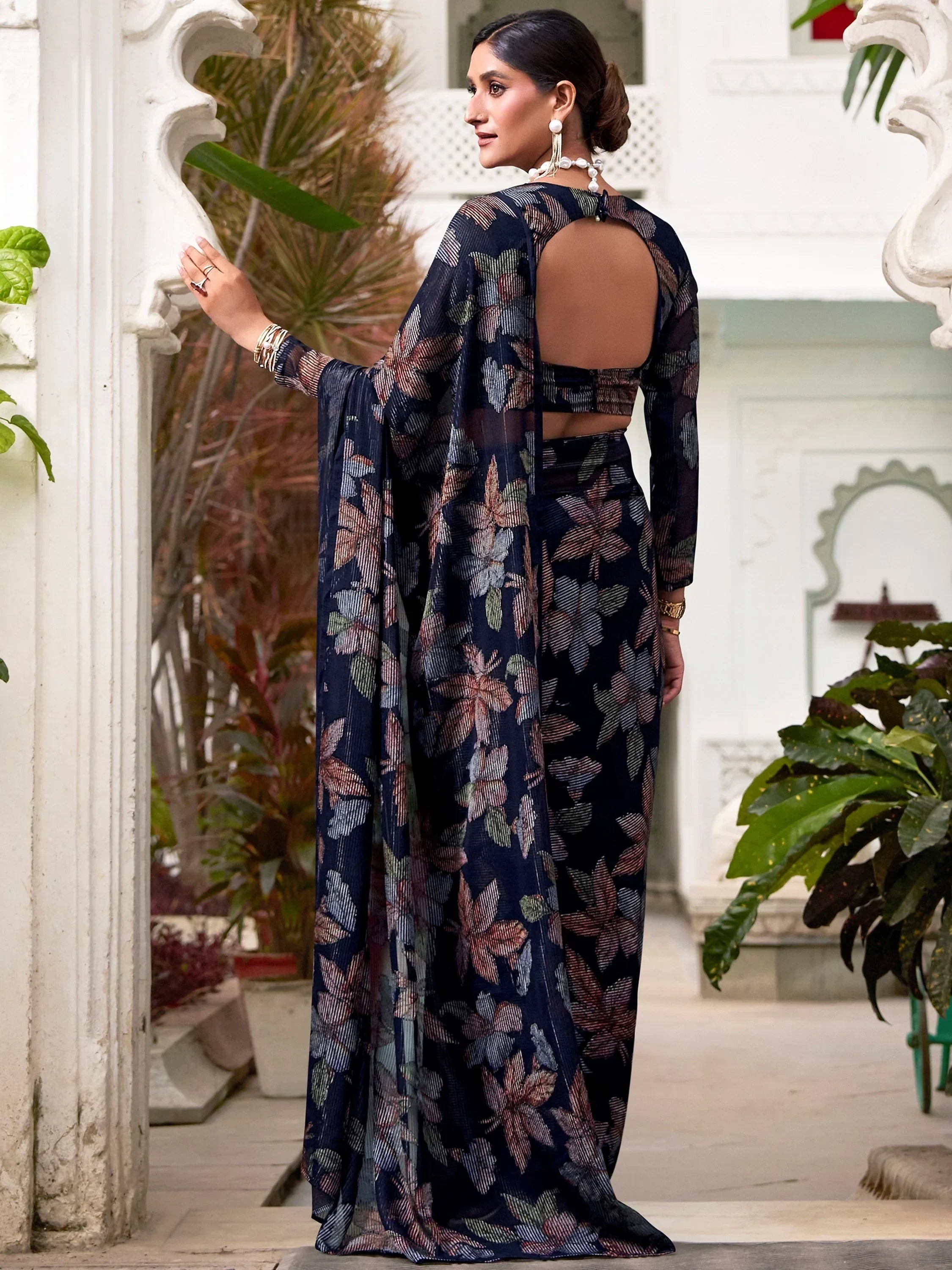 Navy Attractive Floral Brasso Casual Wear Saree With Blouse