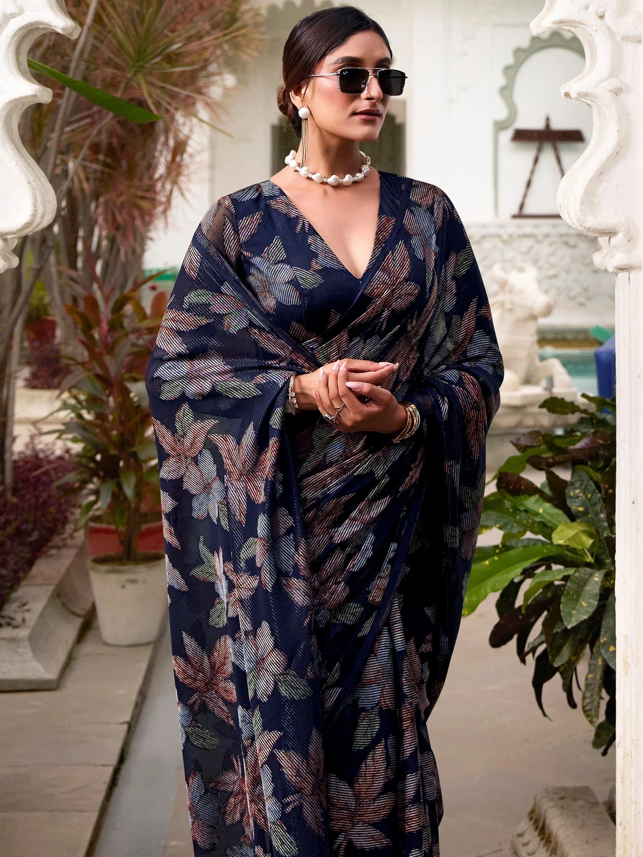 Navy Attractive Floral Brasso Casual Wear Saree With Blouse