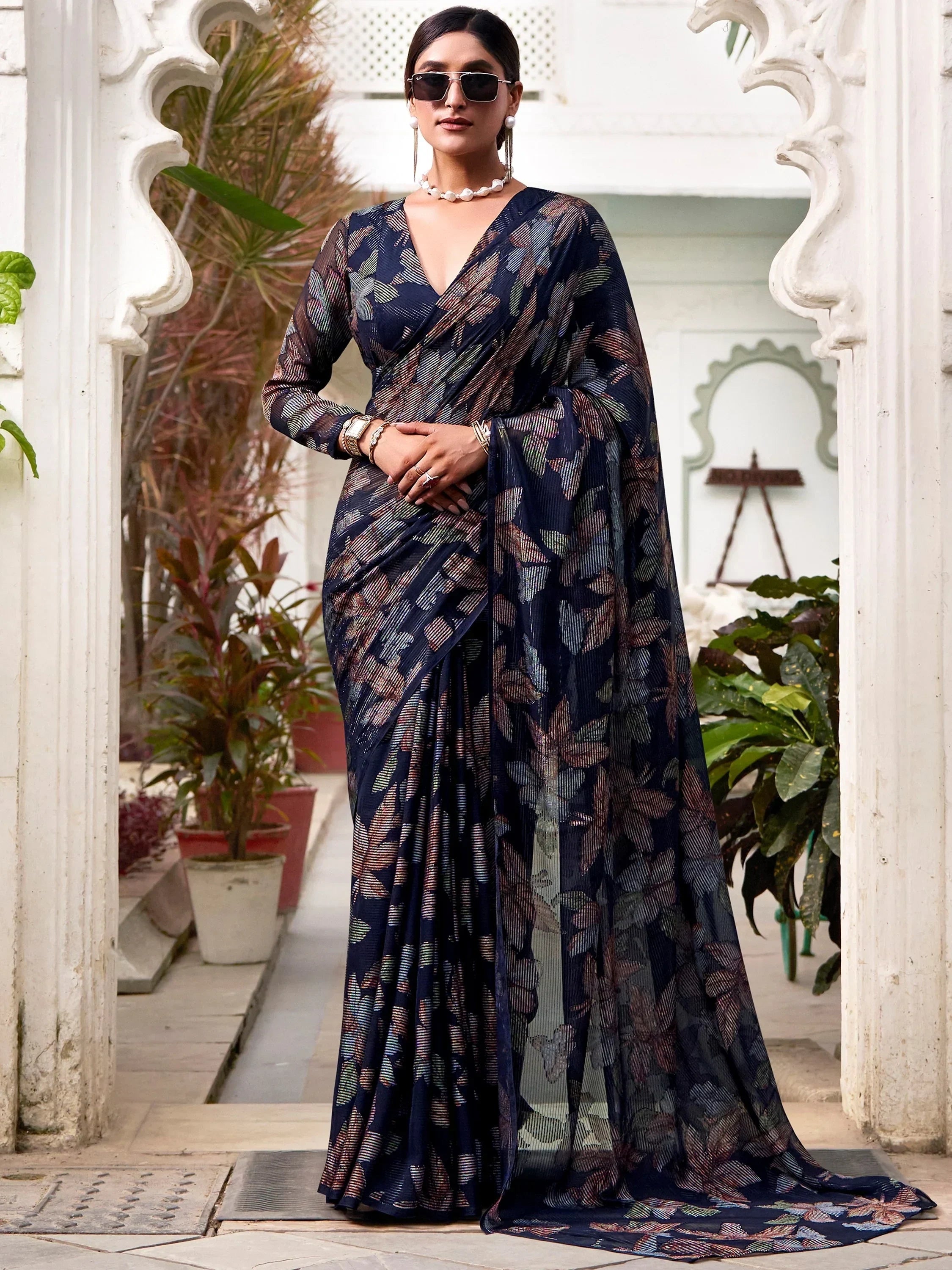 Navy Attractive Floral Brasso Casual Wear Saree With Blouse
