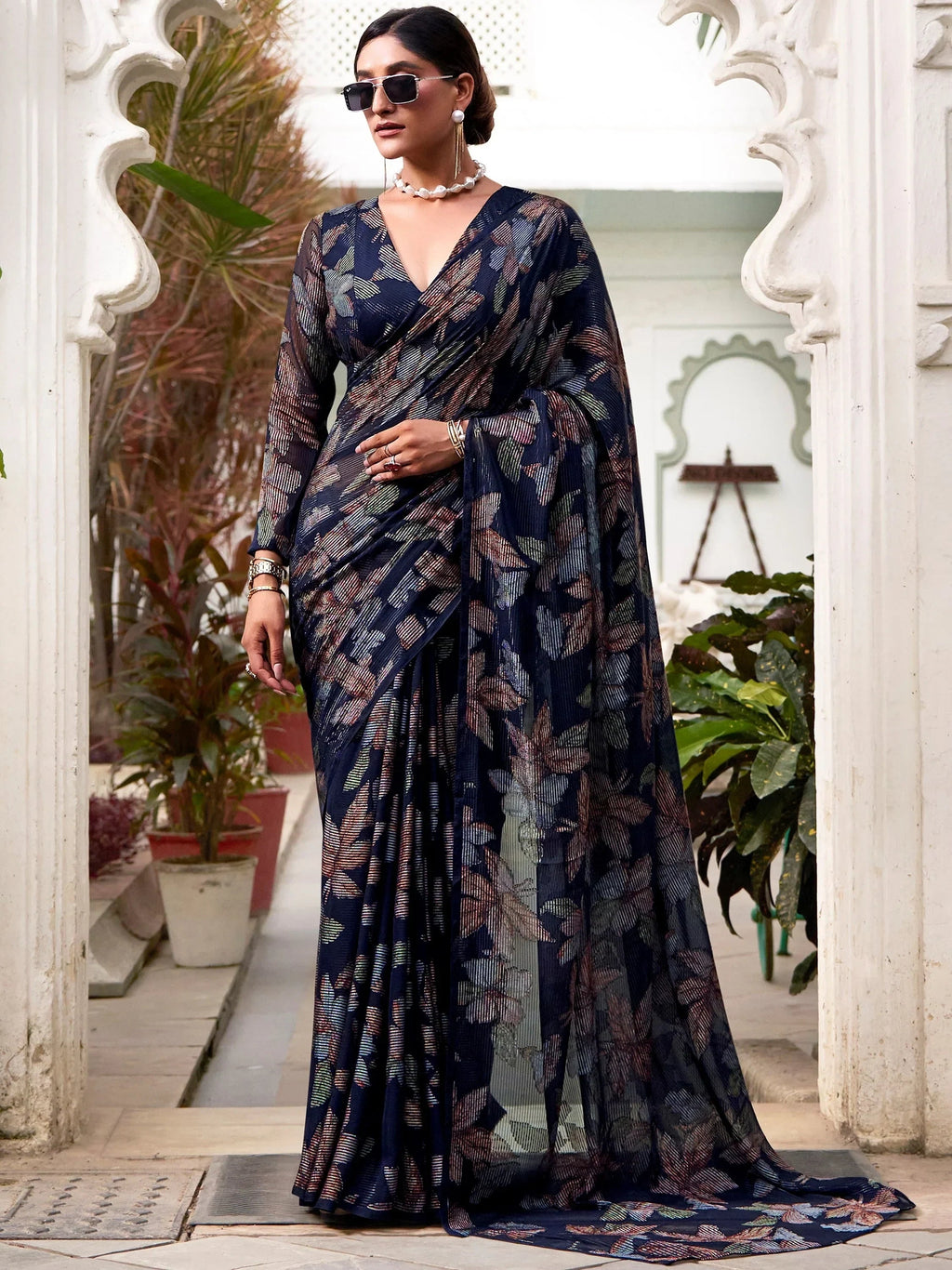 Navy Attractive Floral Brasso Casual Wear Saree With Blouse
