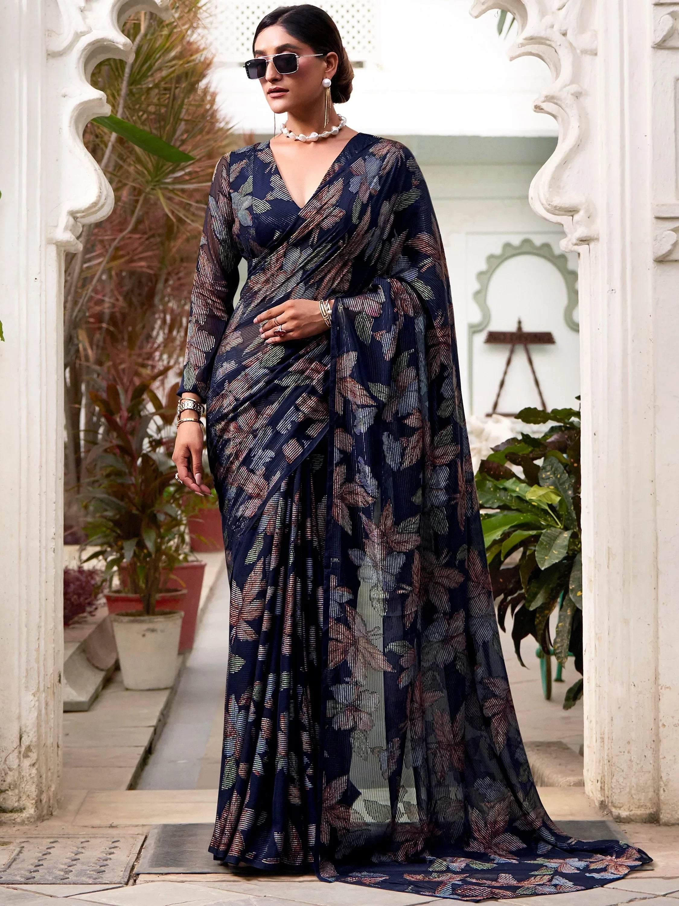 Navy Attractive Floral Brasso Casual Wear Saree With Blouse