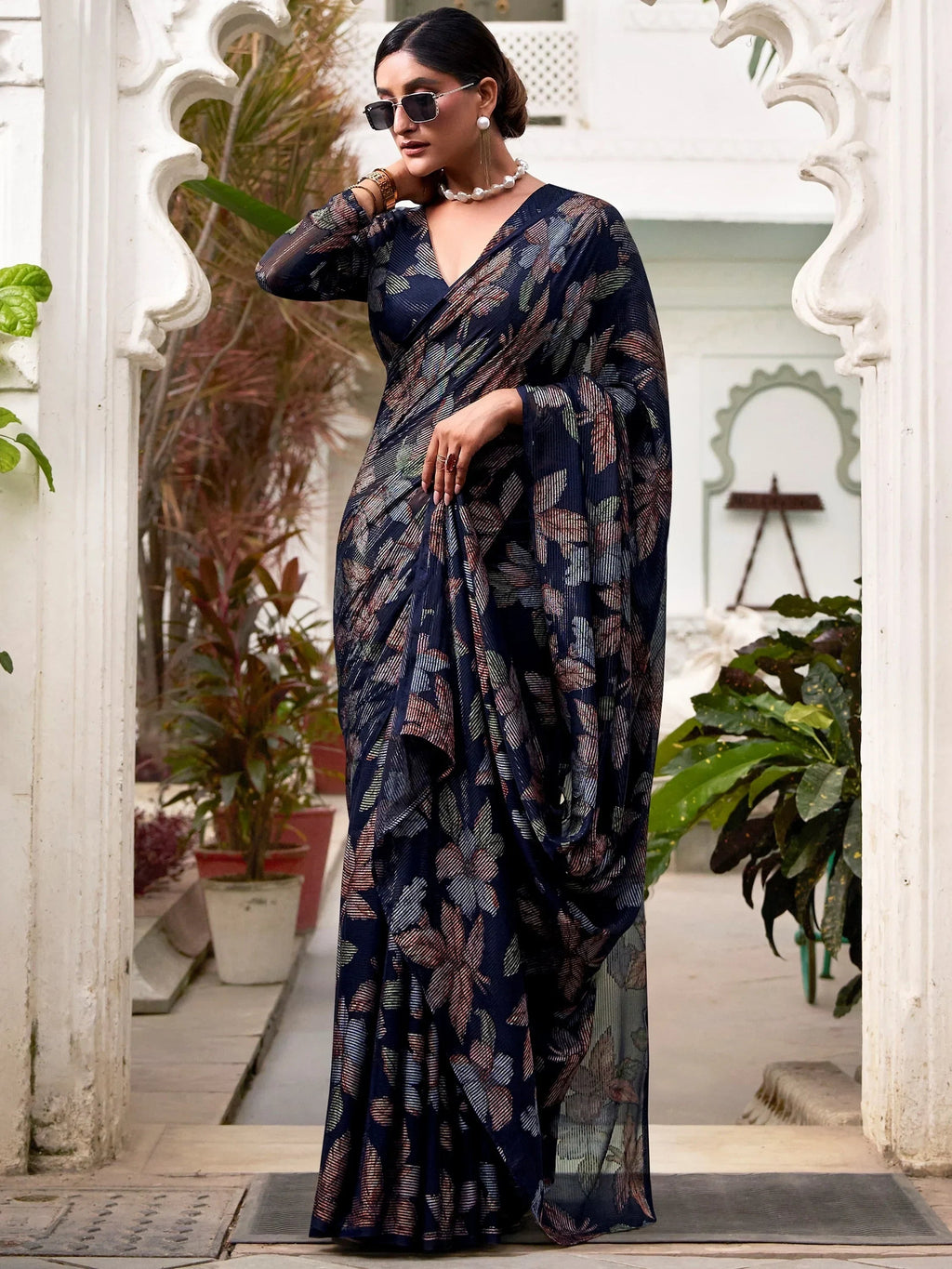 Navy Attractive Floral Brasso Casual Wear Saree With Blouse