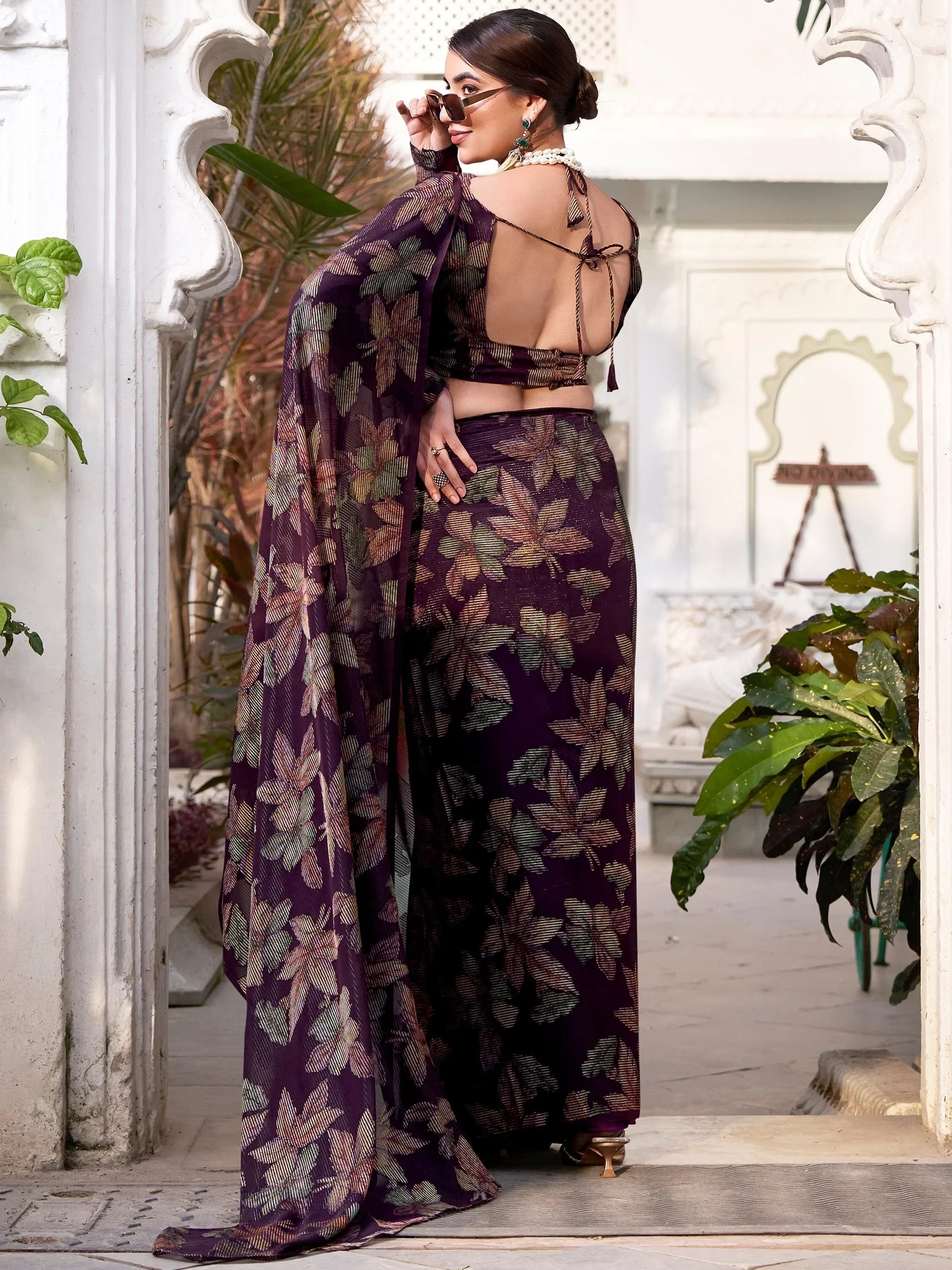 Wine Attractive Floral Brasso Casual Wear Saree With Blouse