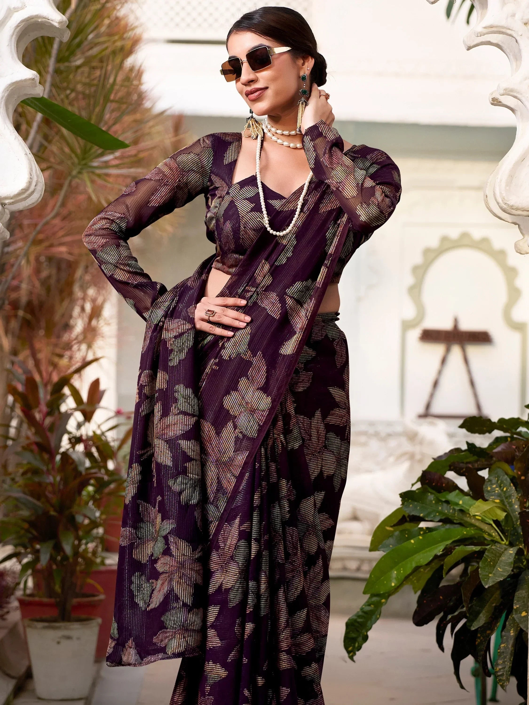 Wine Attractive Floral Brasso Casual Wear Saree With Blouse