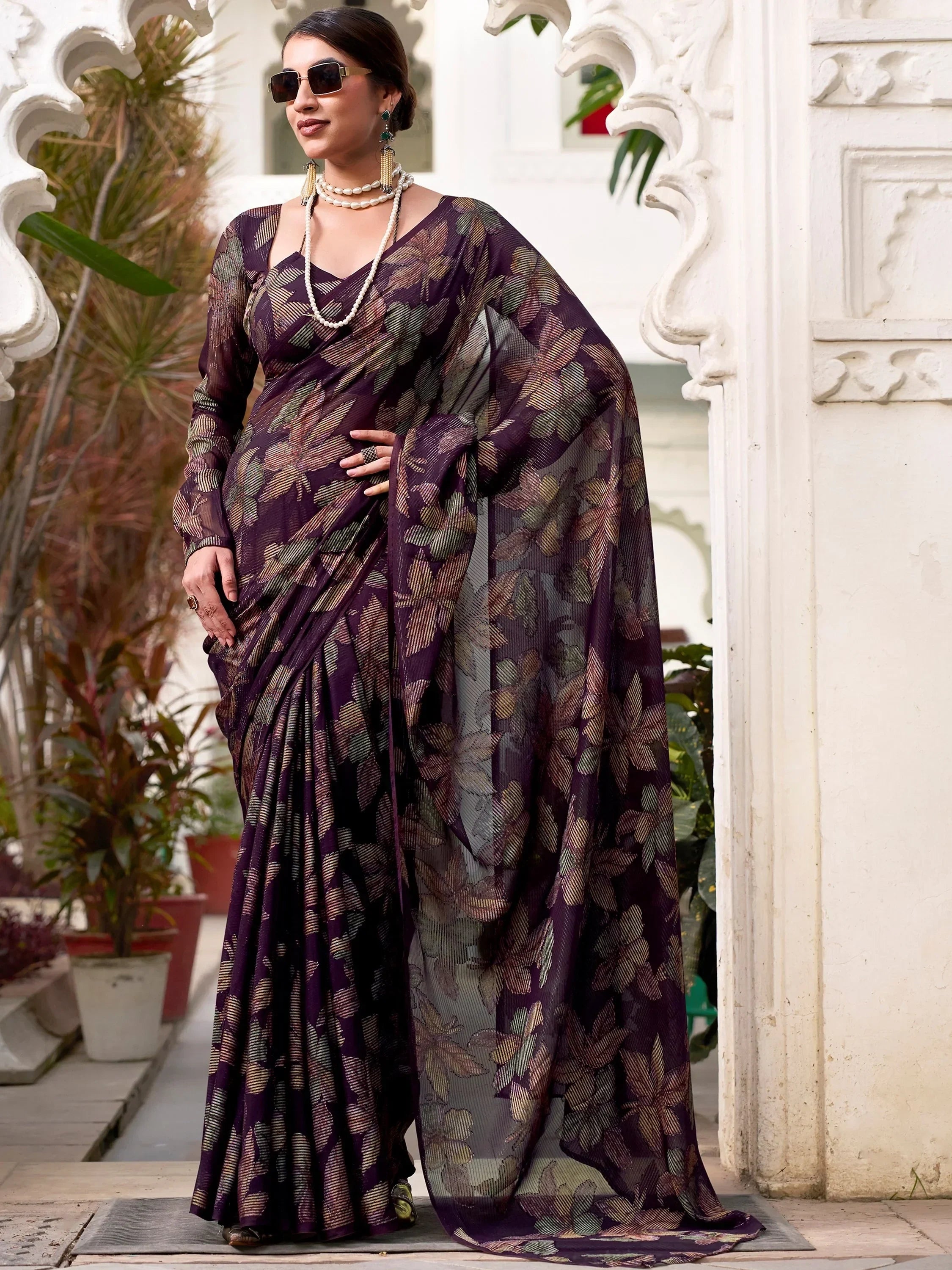 Wine Attractive Floral Brasso Casual Wear Saree With Blouse
