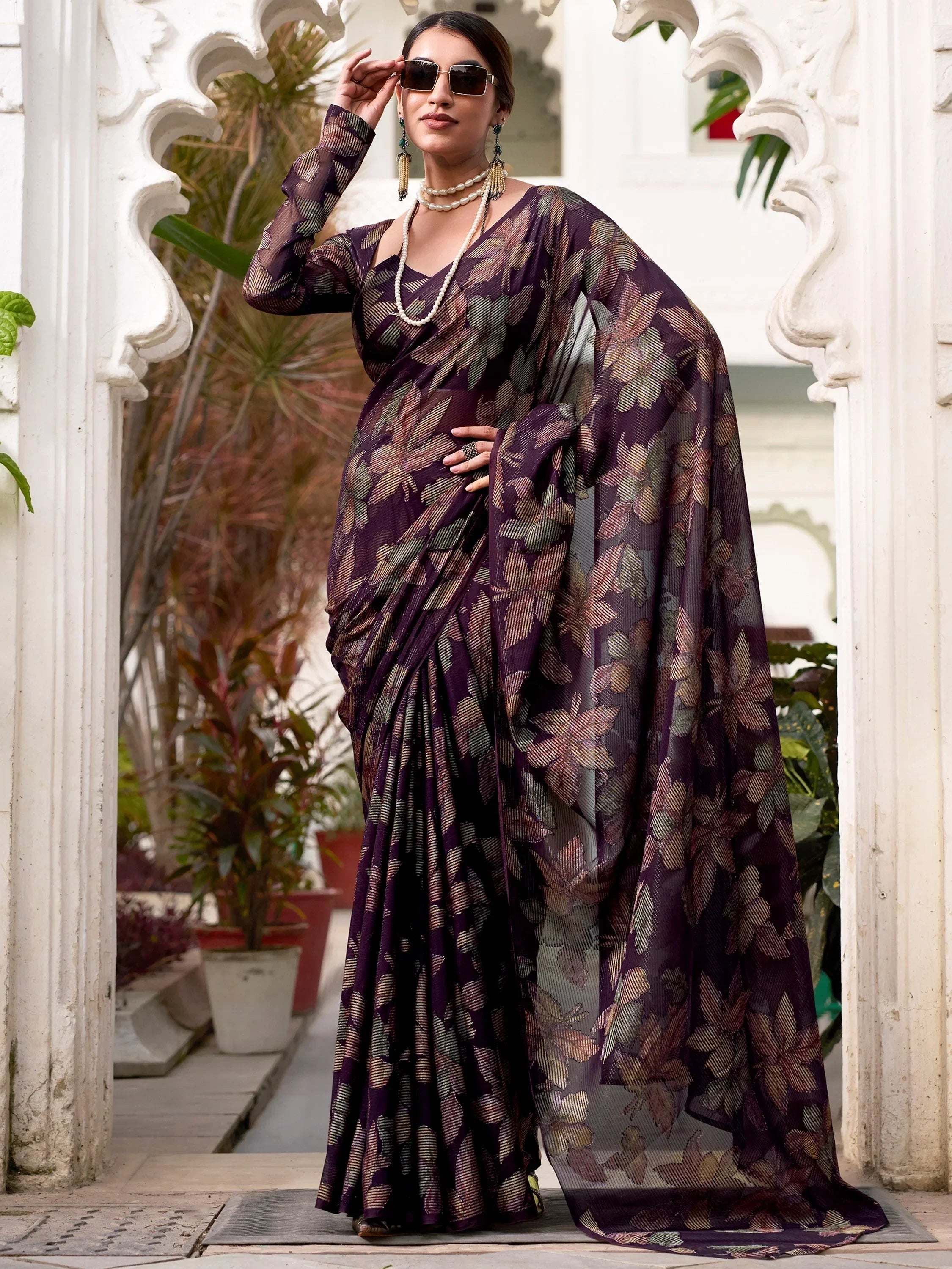 Wine Attractive Floral Brasso Casual Wear Saree With Blouse