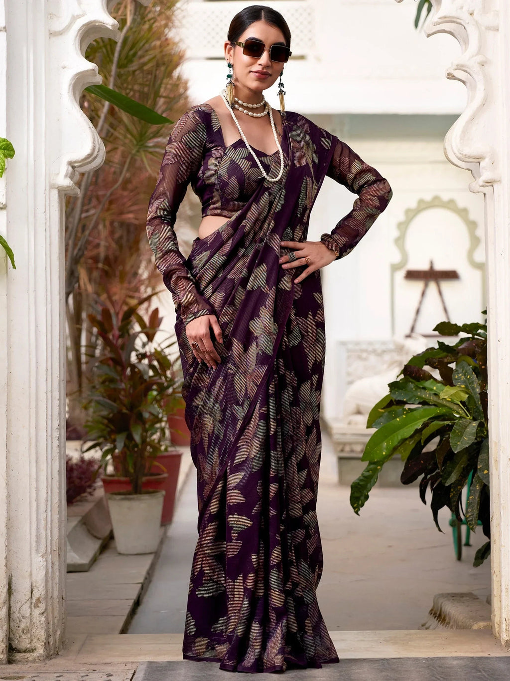 Wine Attractive Floral Brasso Casual Wear Saree With Blouse