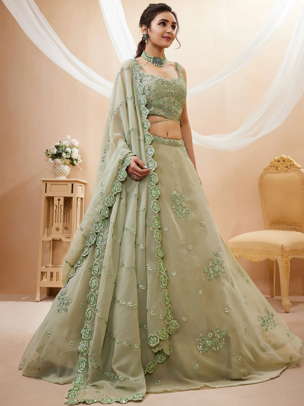 Gorgeous Green Sequins Georgette Festive Wear Plus Size Lehenga Choli