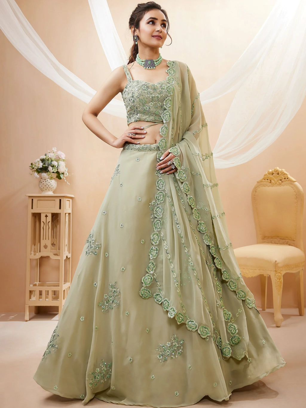 Gorgeous Green Sequins Georgette Festive Wear Plus Size Lehenga Choli