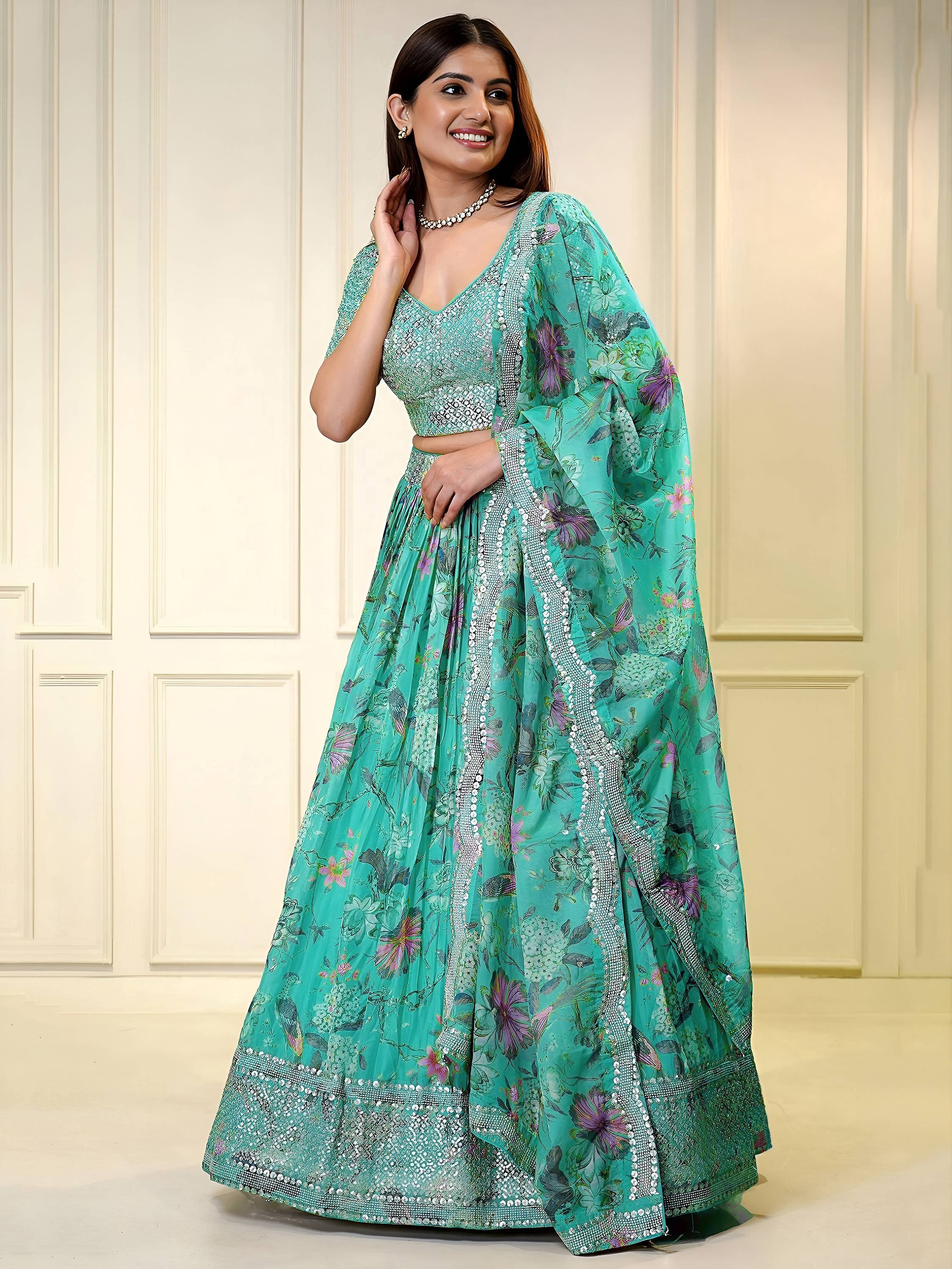 Turquoise Winning Sequins Organza Reception Wear Lehenga Choli