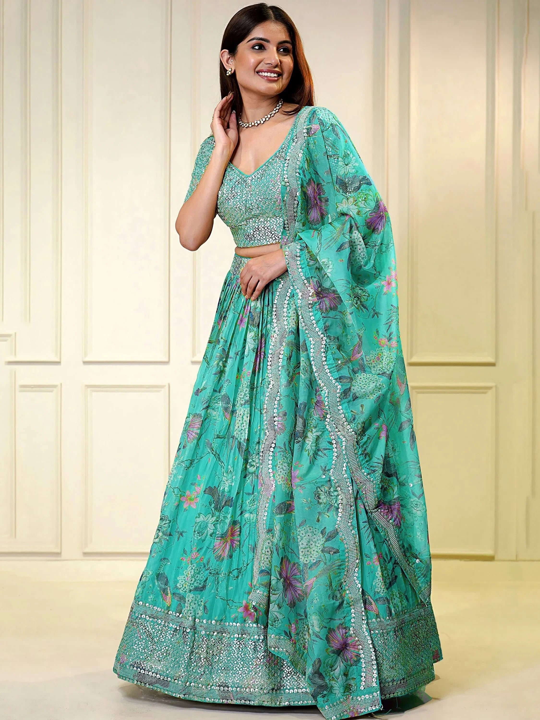 Blue Winning Sequins Organza Reception Wear Lehenga Choli