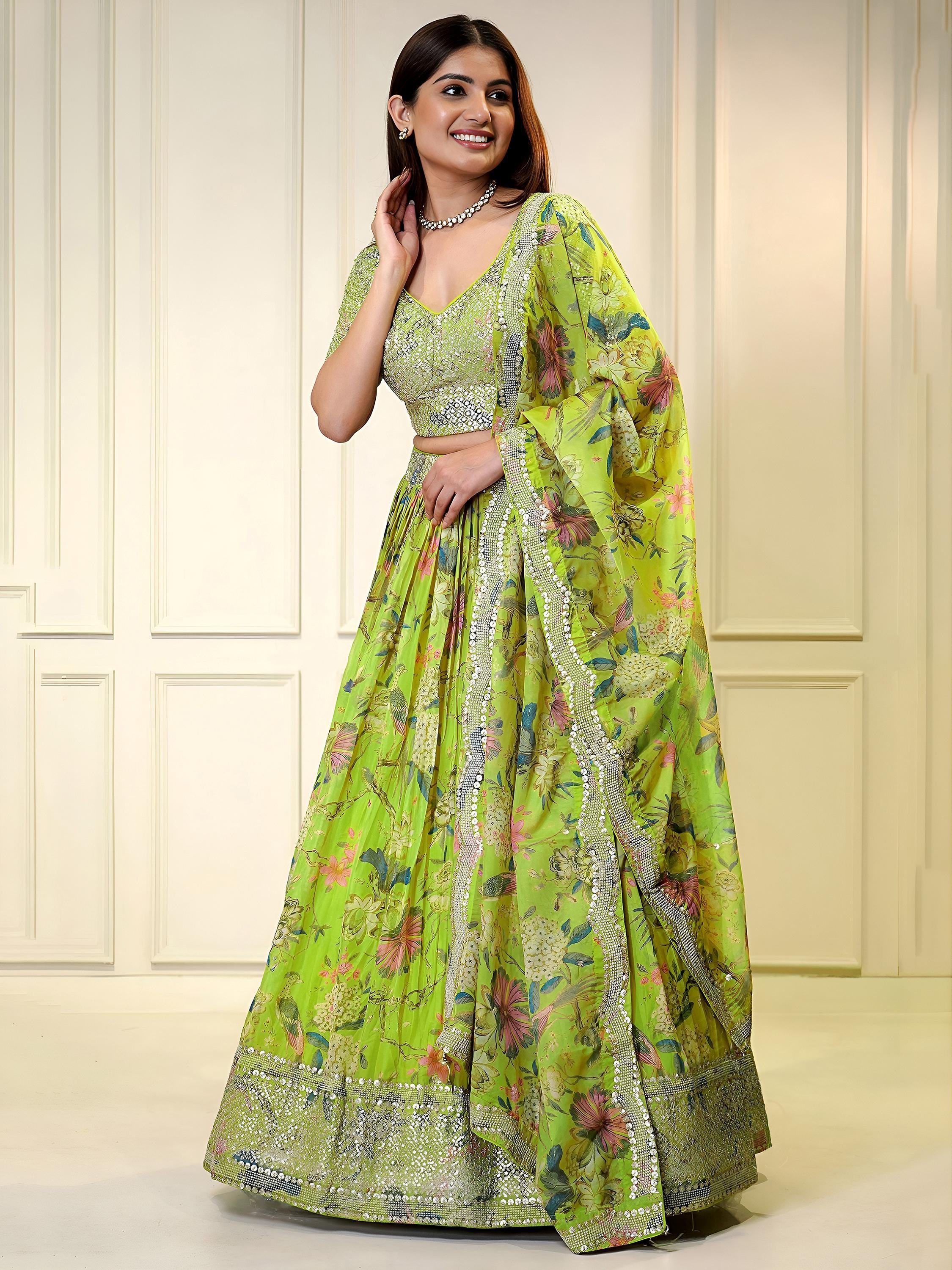 Green Winning Sequins Organza Reception Wear Lehenga Choli