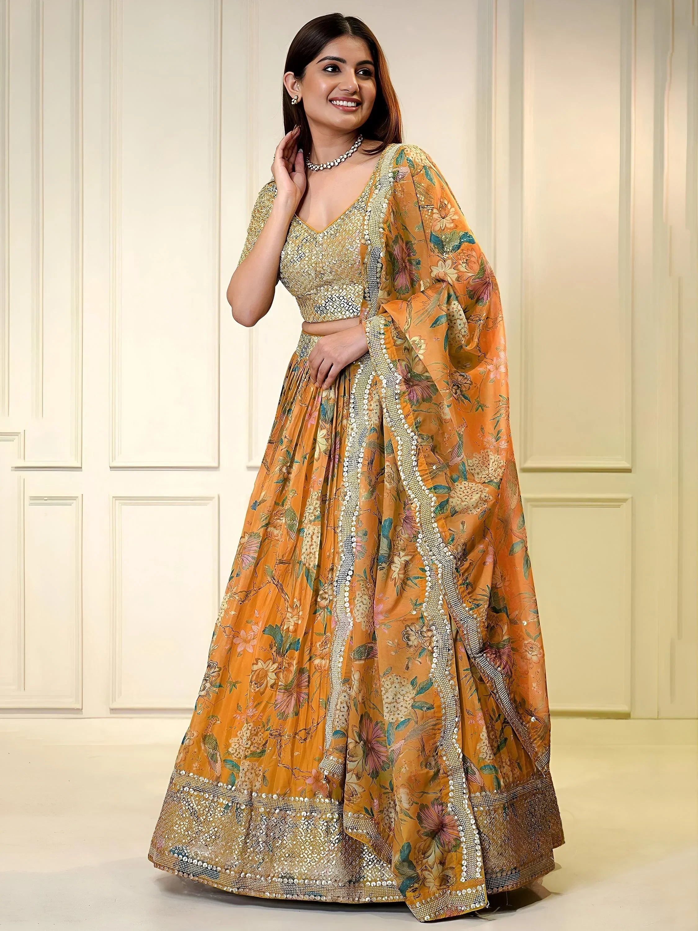 Orange Winning Sequins Organza Reception Wear Lehenga Choli
