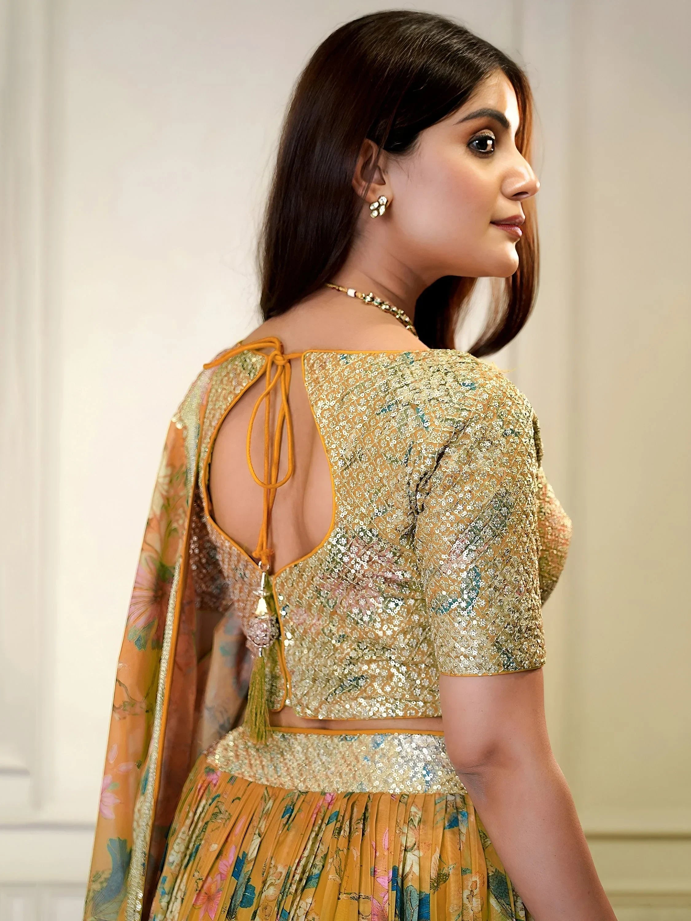 Orange Winning Sequins Organza Reception Wear Lehenga Choli