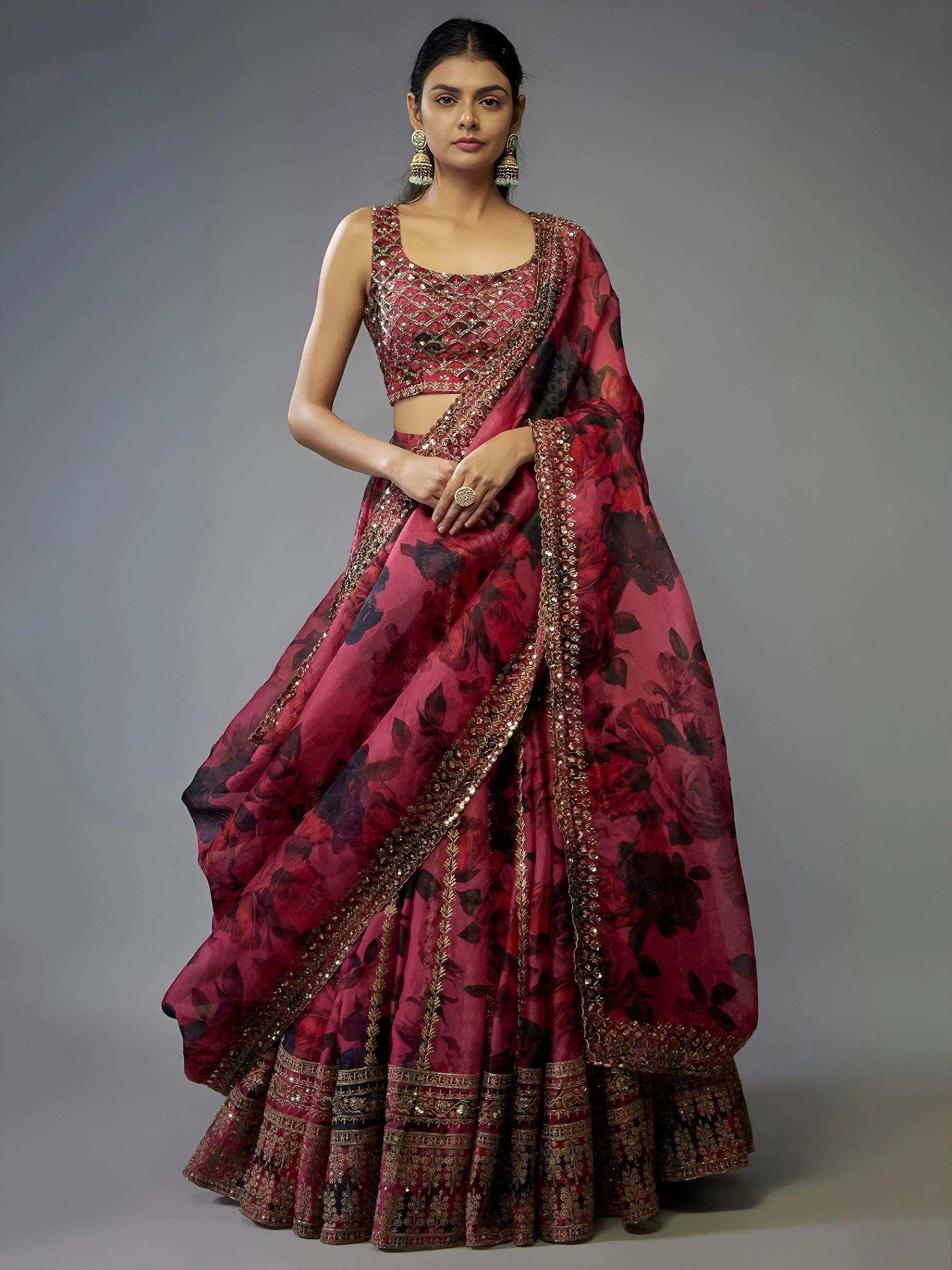 Coral Gorgeous Floral Printed Organza Sangeet Wear Lehenga Choli