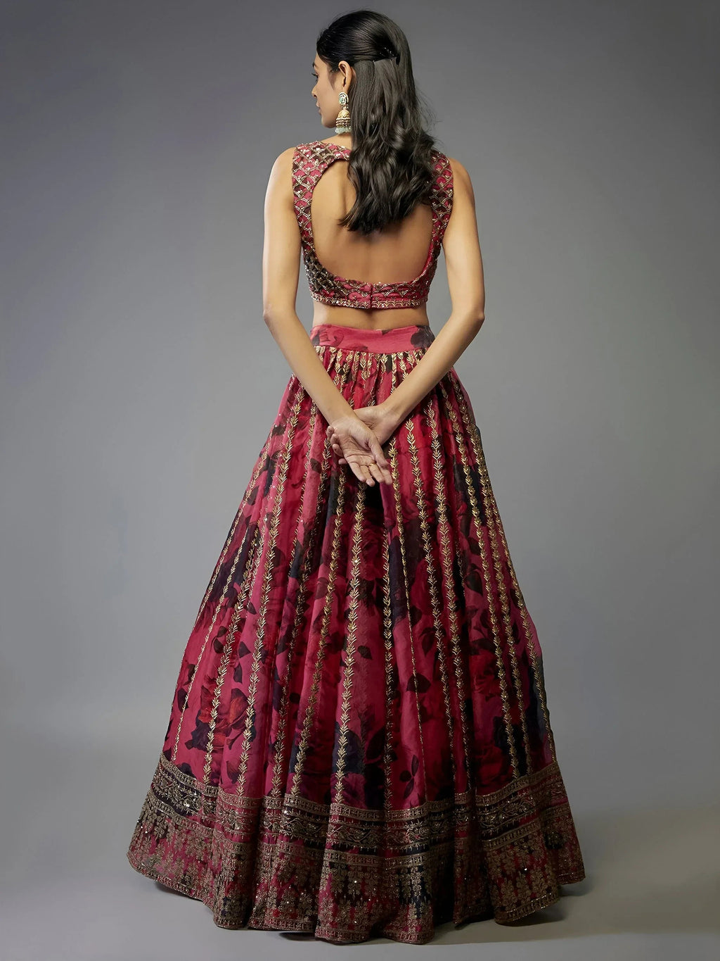 Coral Gorgeous Floral Printed Organza Sangeet Wear Lehenga Choli