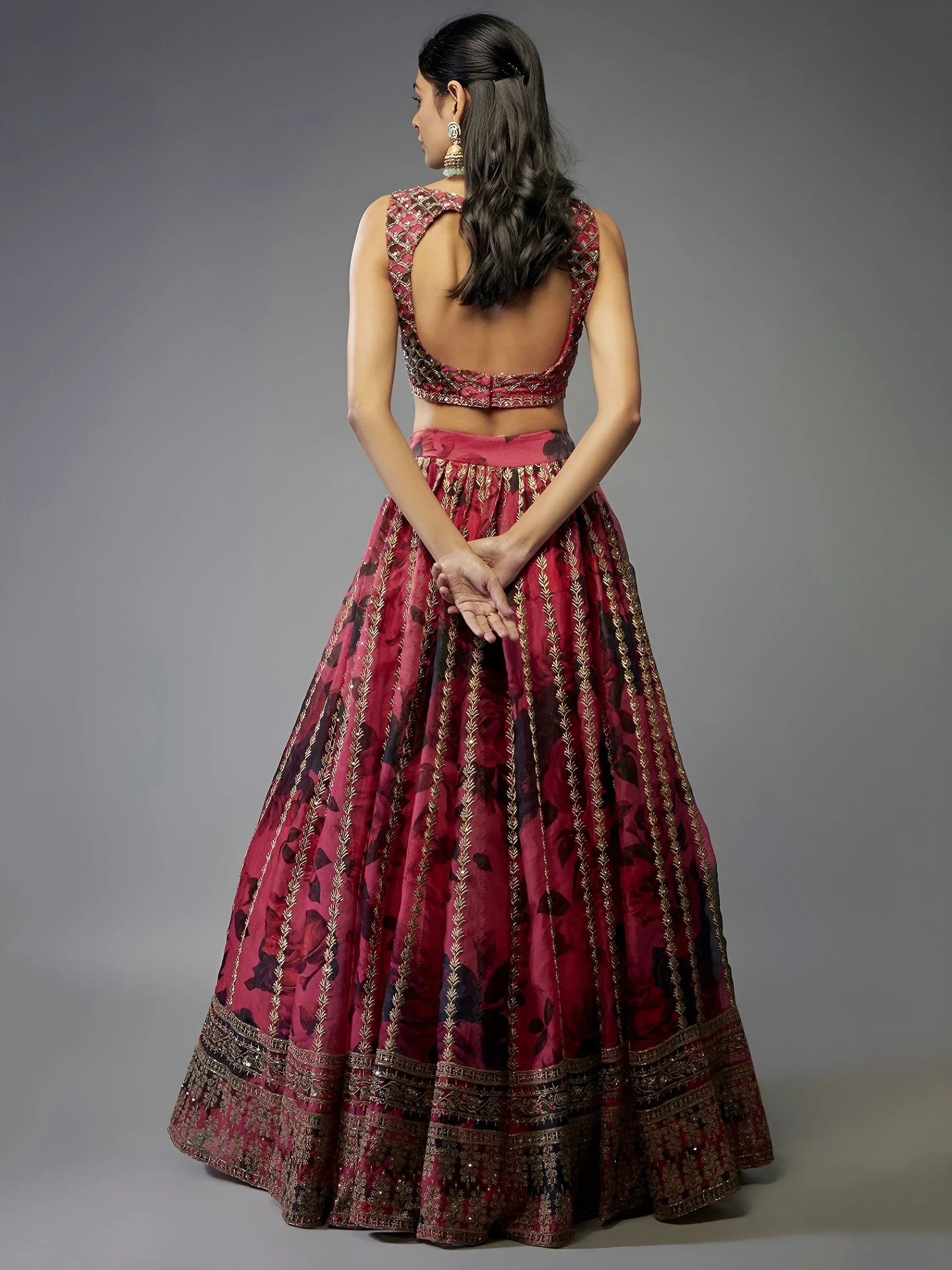Coral Gorgeous Floral Printed Organza Sangeet Wear Lehenga Choli