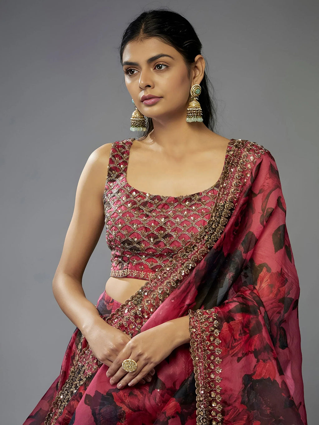 Coral Gorgeous Floral Printed Organza Sangeet Wear Lehenga Choli