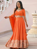 Pretty Orange Sequins Georgette Sangeet Wear Lehenga Choli