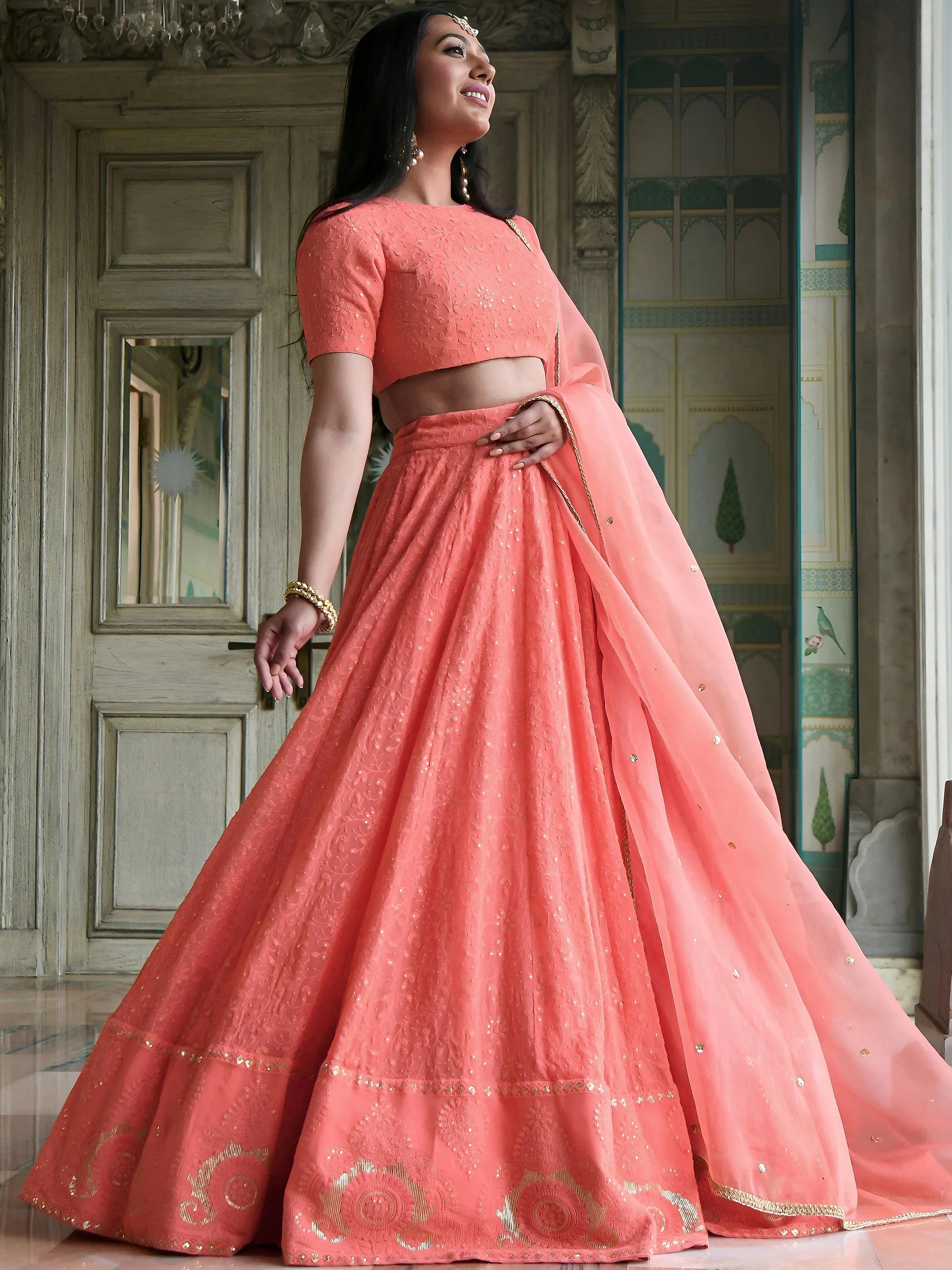 Amazing Peach Thread Embroidered Monochrome Bridesmaid Lehenga Choli