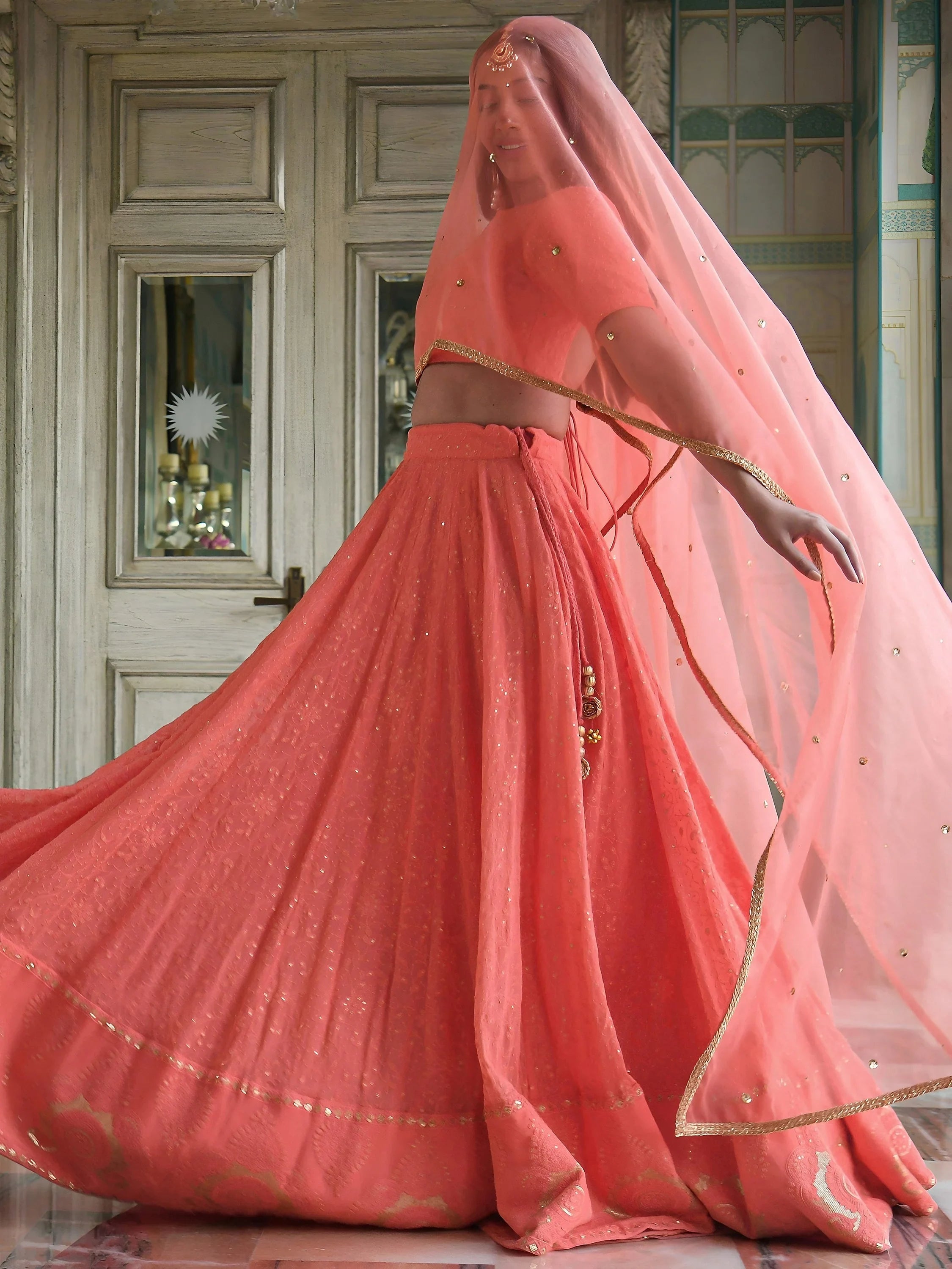 Amazing Peach Thread Embroidered Monochrome Bridesmaid Lehenga Choli