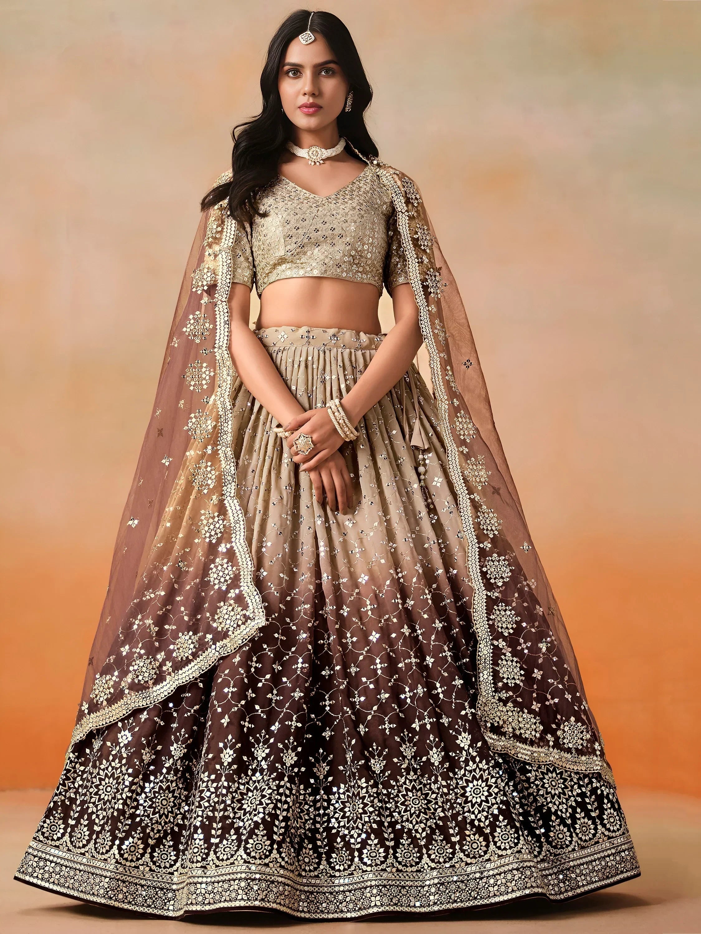 Brown Gorgeous Georgette Zari Embroidered Lehenga Choli With Dupatta