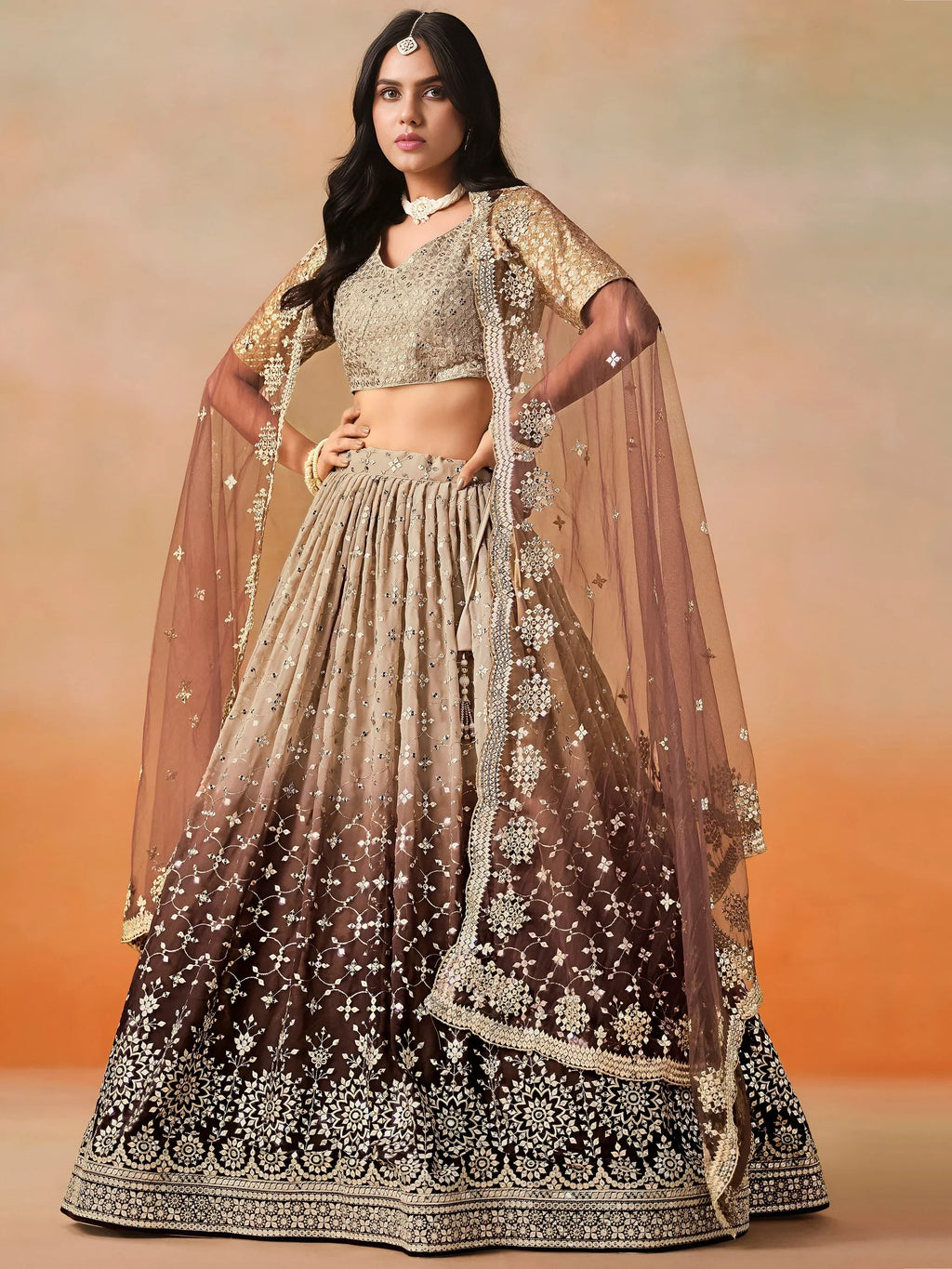 Brown Gorgeous Georgette Zari Embroidered Lehenga Choli With Dupatta