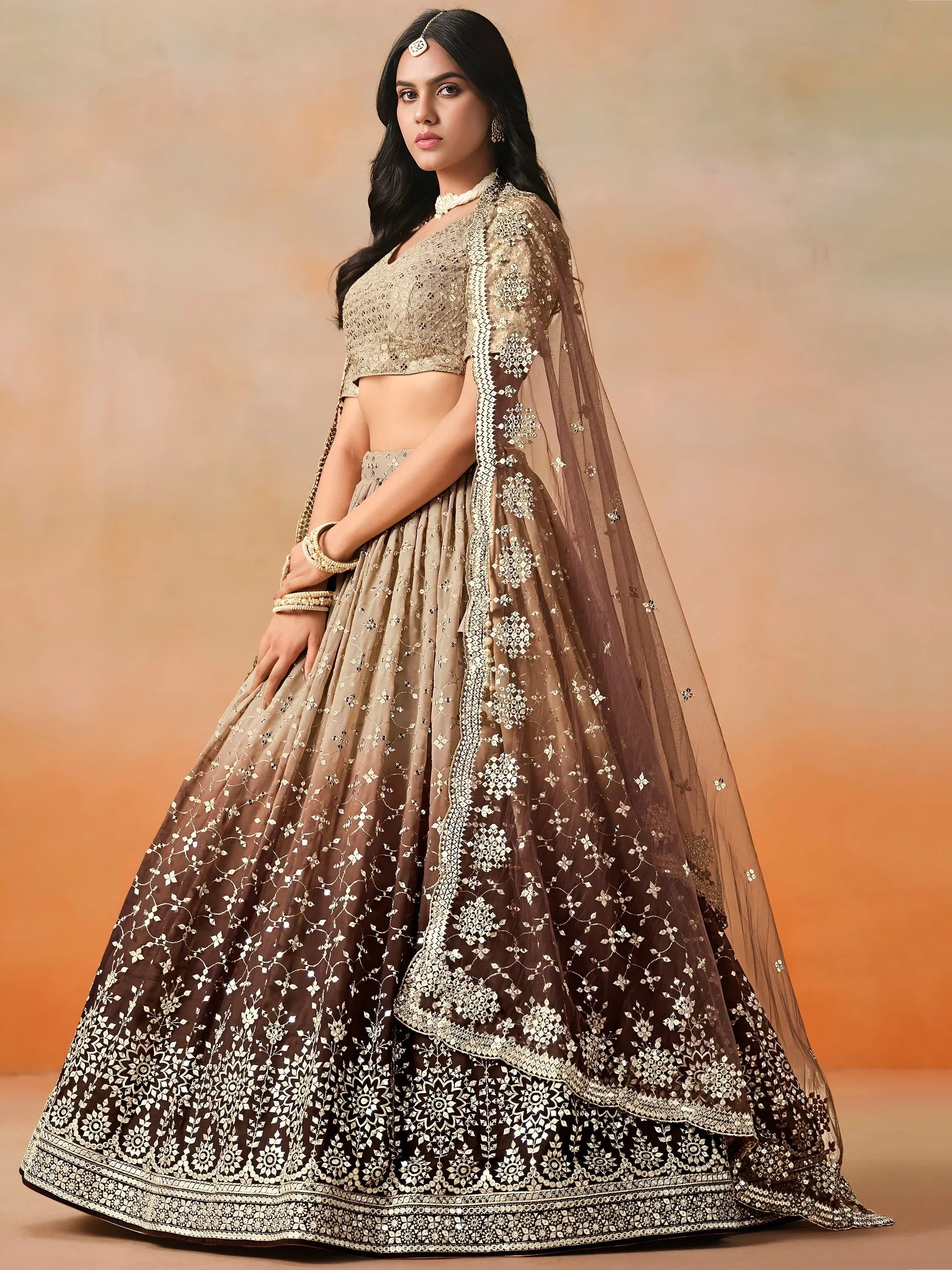 Brown Gorgeous Georgette Zari Embroidered Lehenga Choli With Dupatta