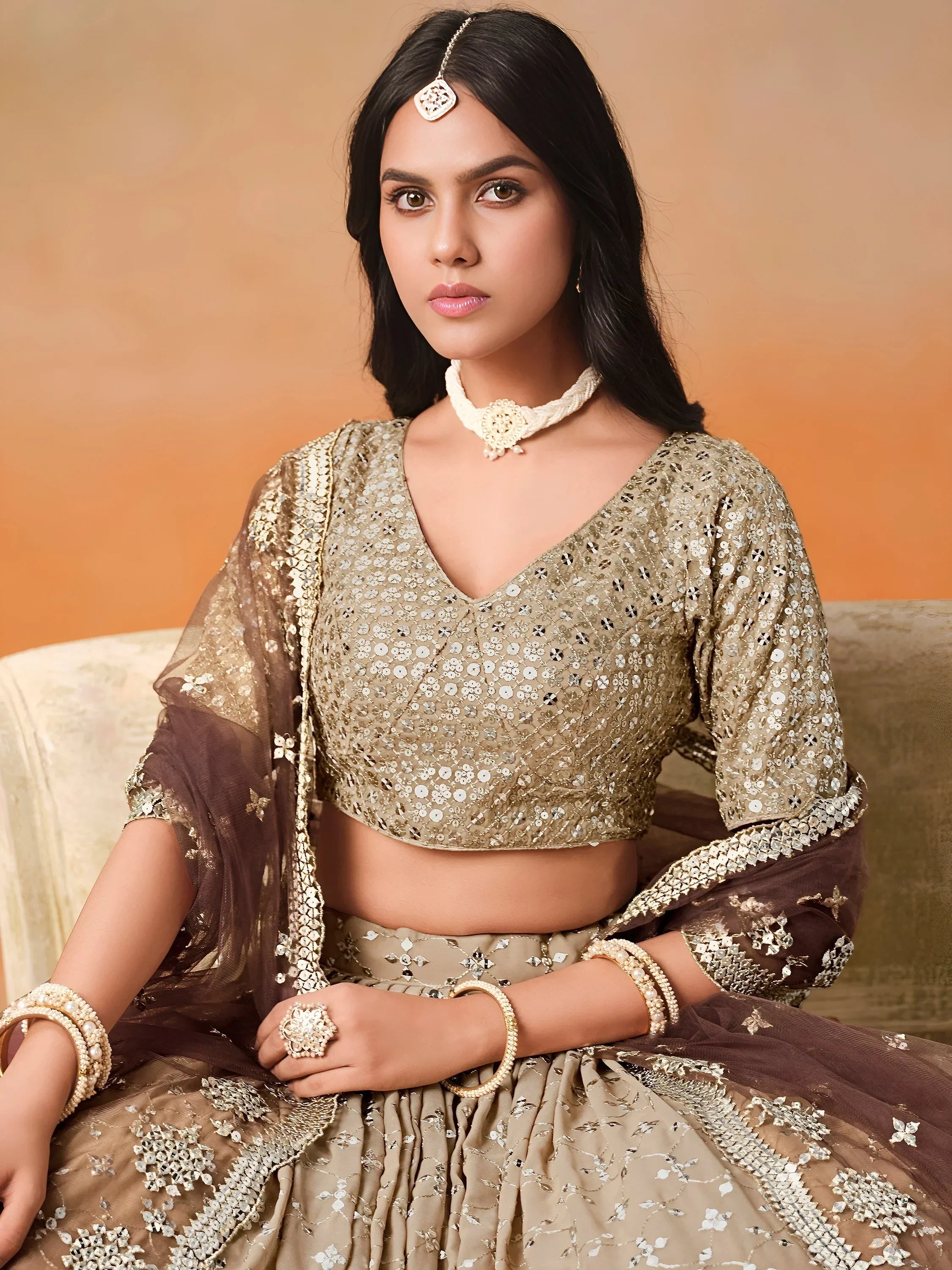 Brown Gorgeous Georgette Zari Embroidered Lehenga Choli With Dupatta