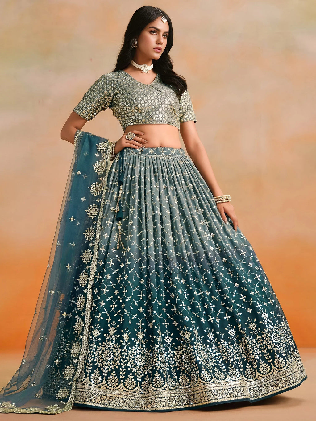 Blue Gorgeous Georgette Zari Embroidered Lehenga Choli With Dupatta