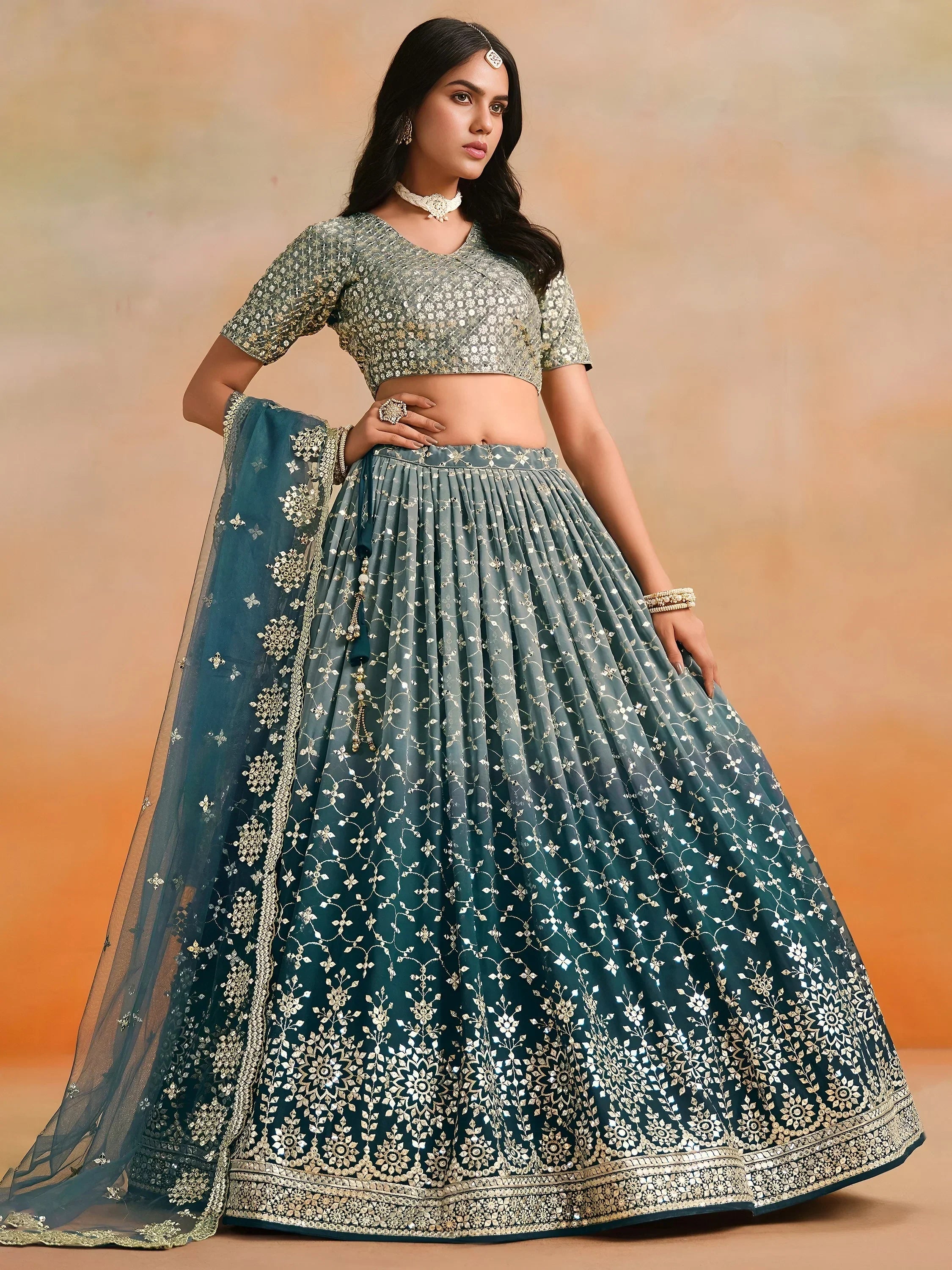 Blue Gorgeous Georgette Zari Embroidered Lehenga Choli With Dupatta
