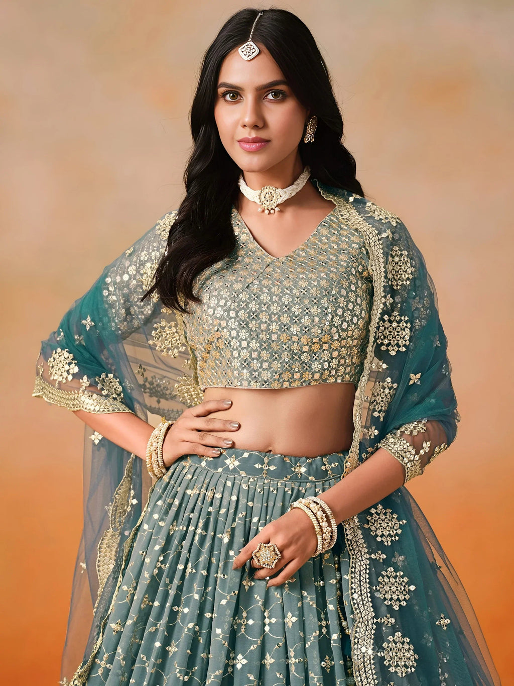 Blue Gorgeous Georgette Zari Embroidered Lehenga Choli With Dupatta