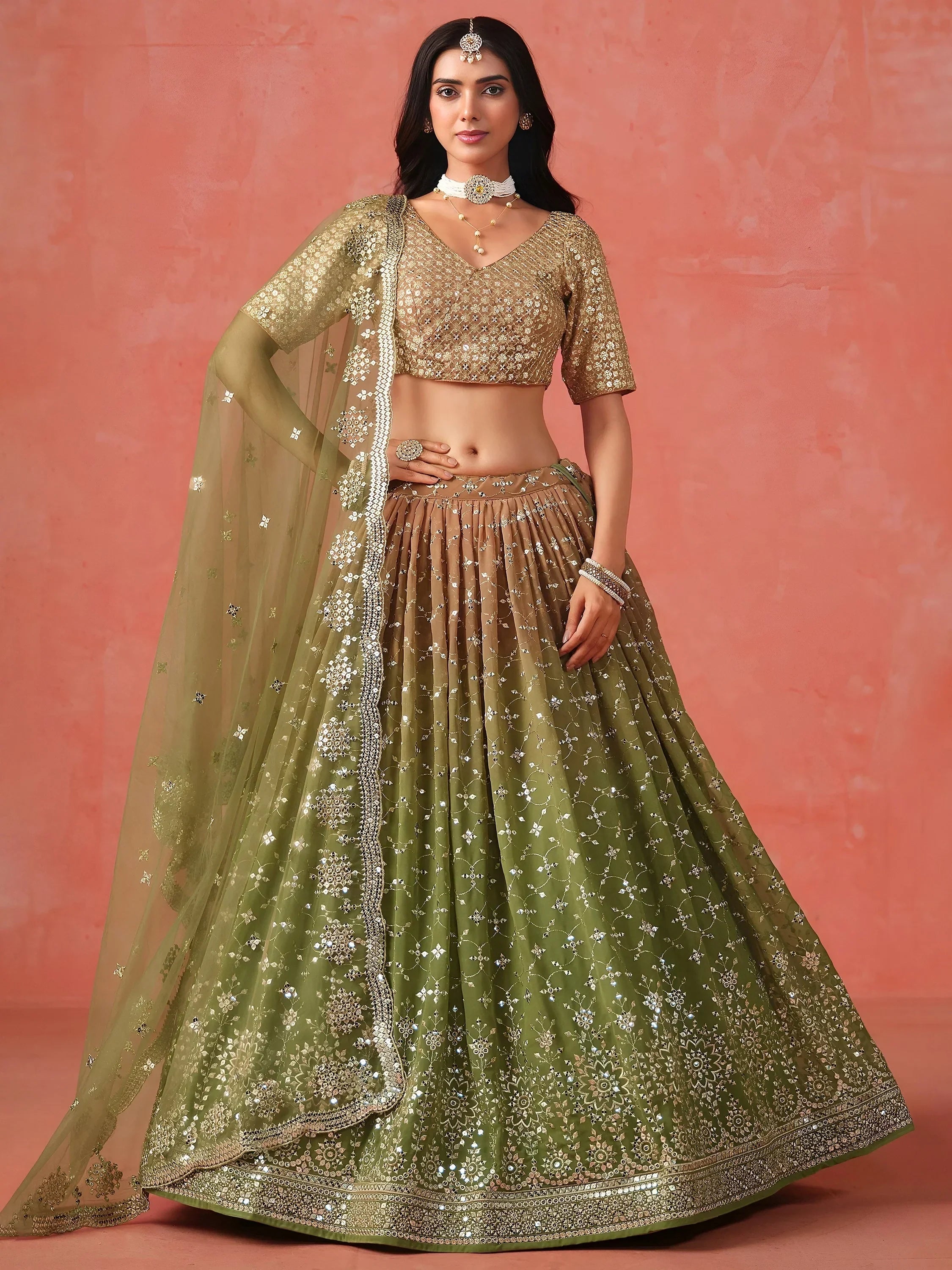 Green Gorgeous Georgette Zari Embroidered Lehenga Choli With Dupatta