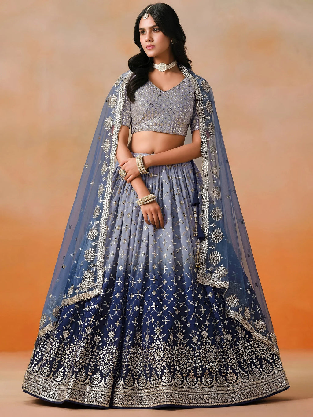 Navy Gorgeous Georgette Zari Embroidered Lehenga Choli With Dupatta