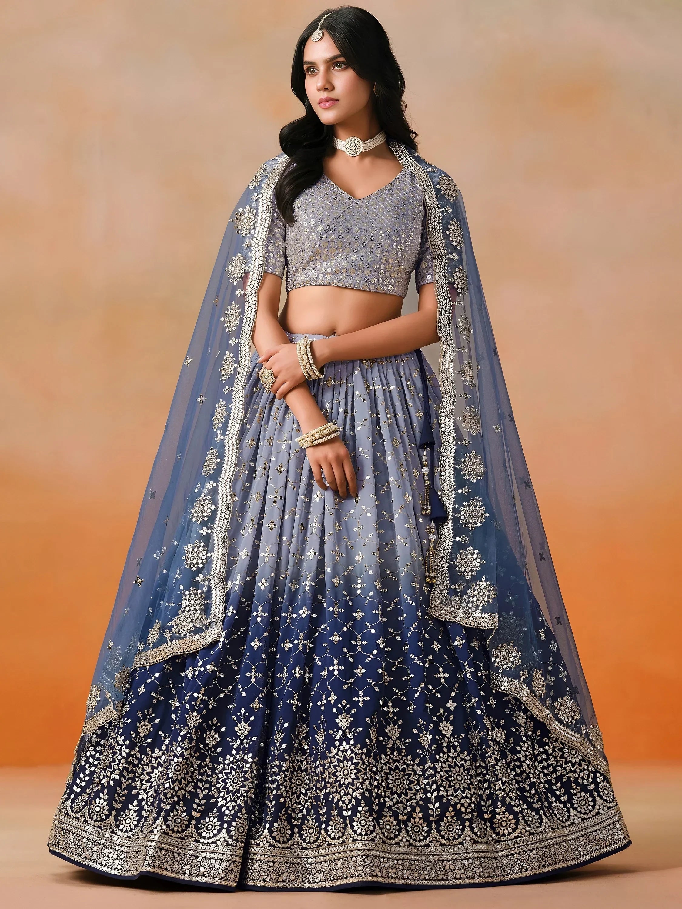 Navy Gorgeous Georgette Zari Embroidered Lehenga Choli With Dupatta