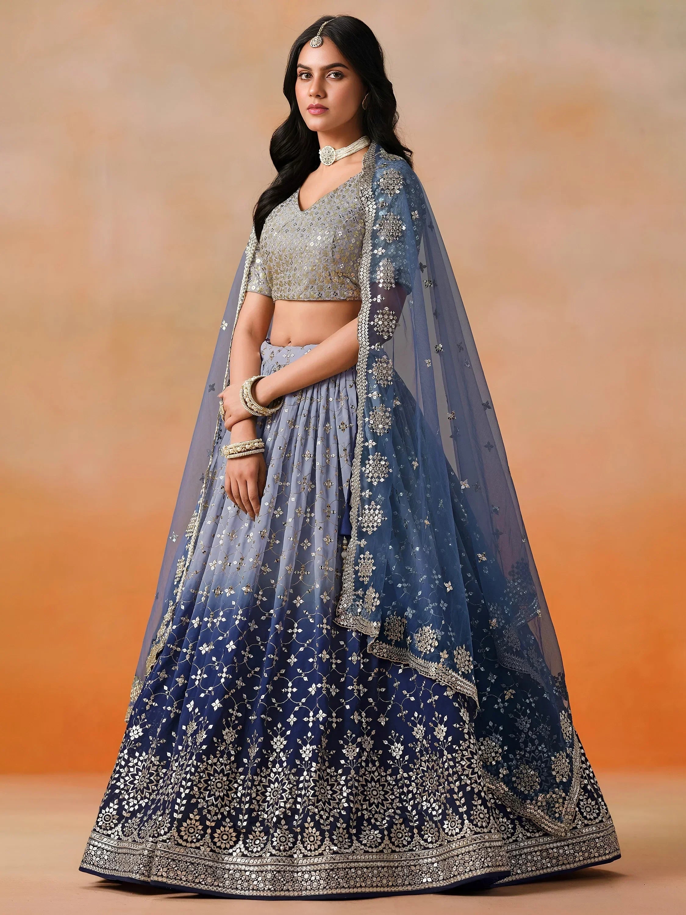 Navy Gorgeous Georgette Zari Embroidered Lehenga Choli With Dupatta