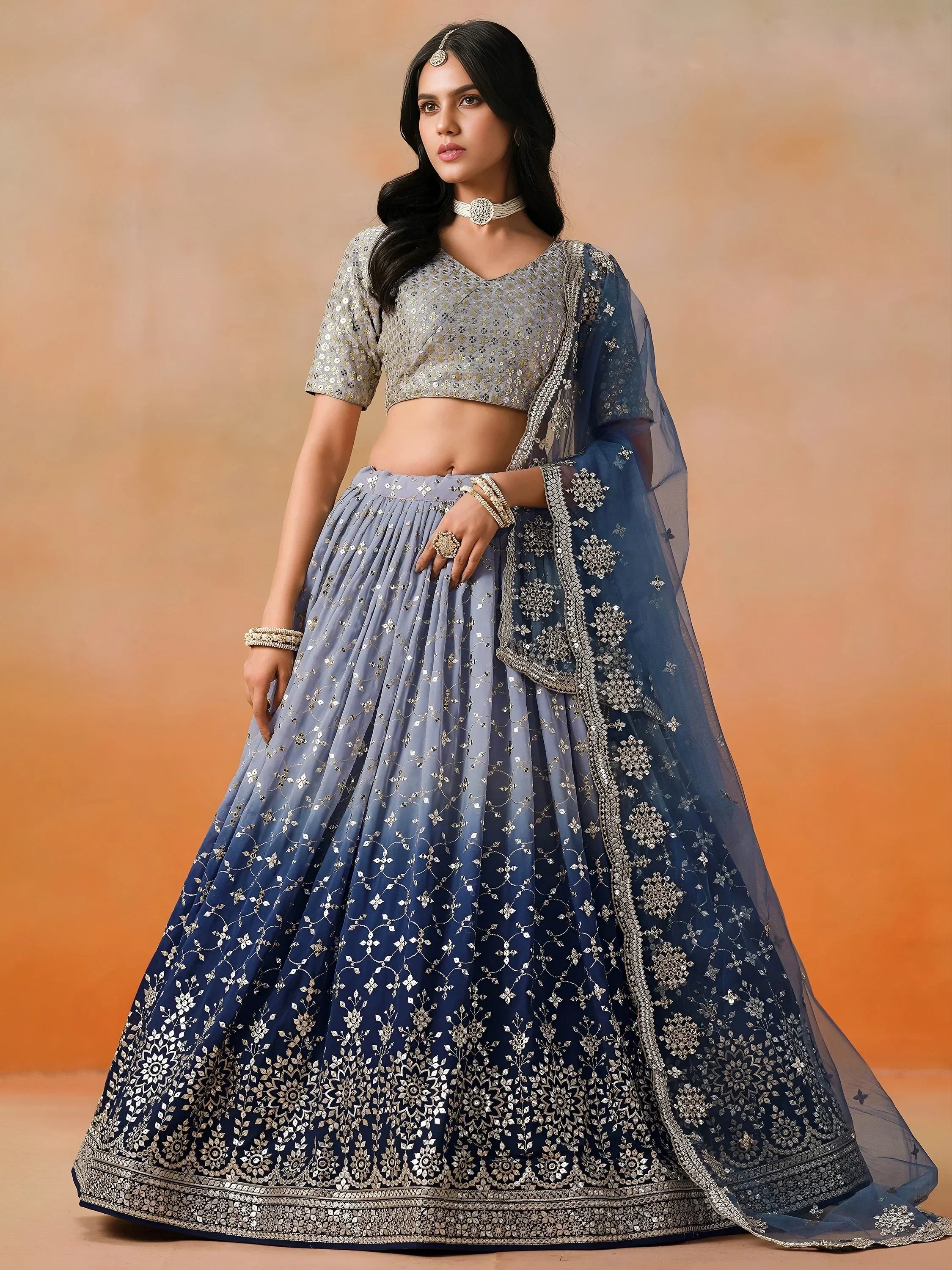 Navy Gorgeous Georgette Zari Embroidered Lehenga Choli With Dupatta