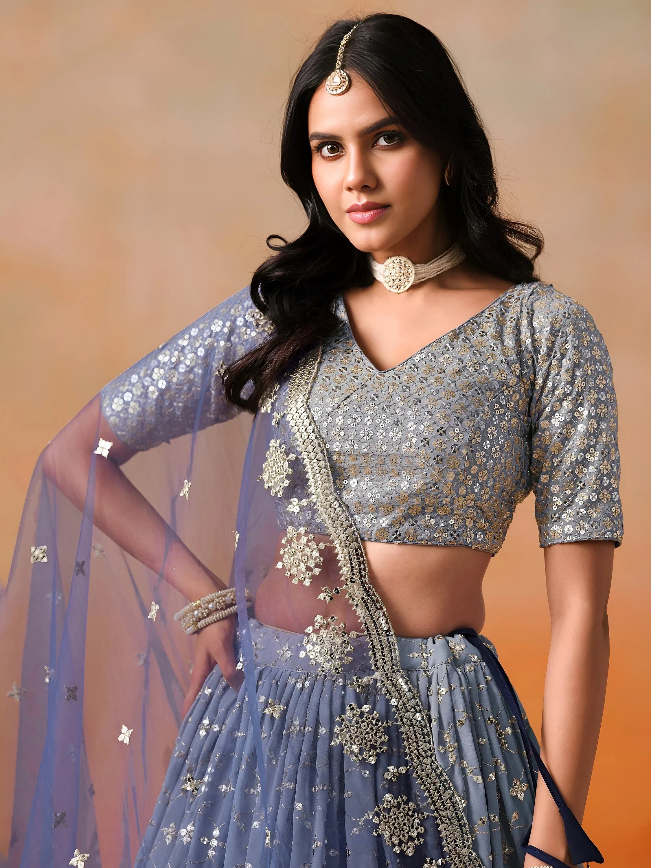 Navy Gorgeous Georgette Zari Embroidered Lehenga Choli With Dupatta