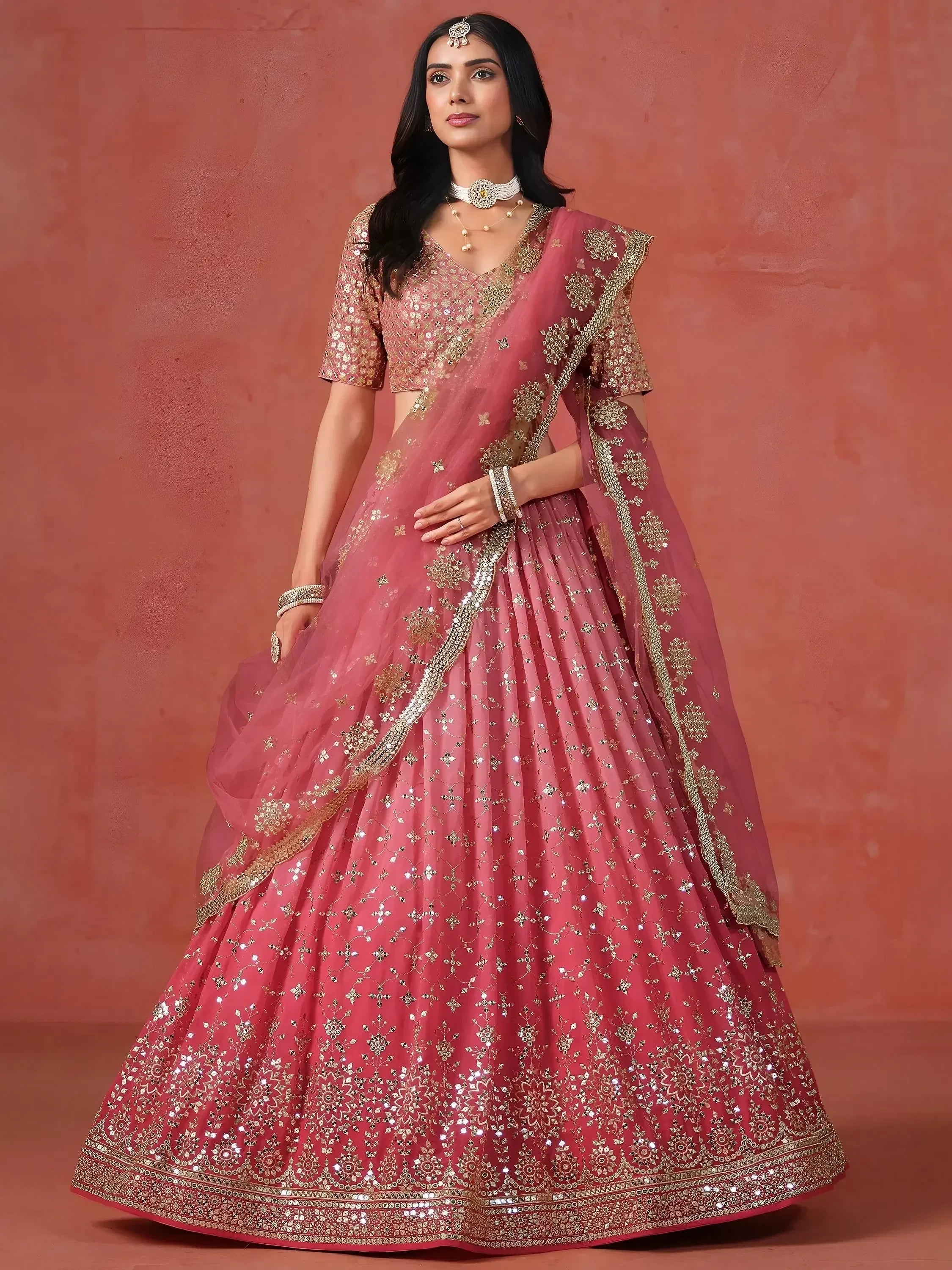Peach Gorgeous Georgette Zari Embroidered Lehenga Choli With Dupatta