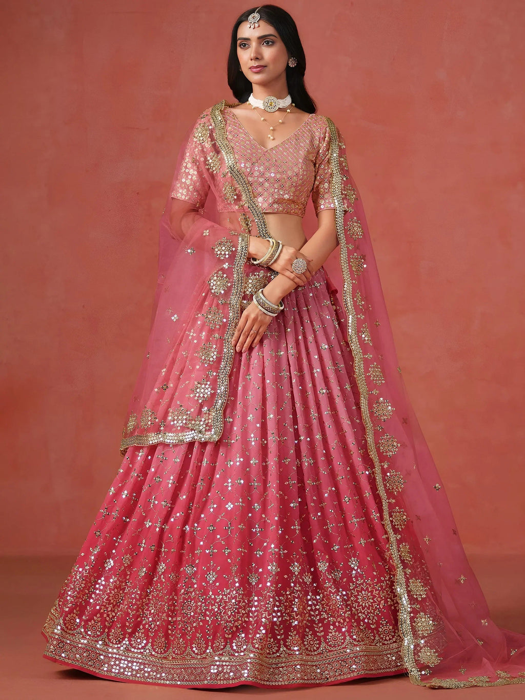 Peach Gorgeous Georgette Zari Embroidered Lehenga Choli With Dupatta