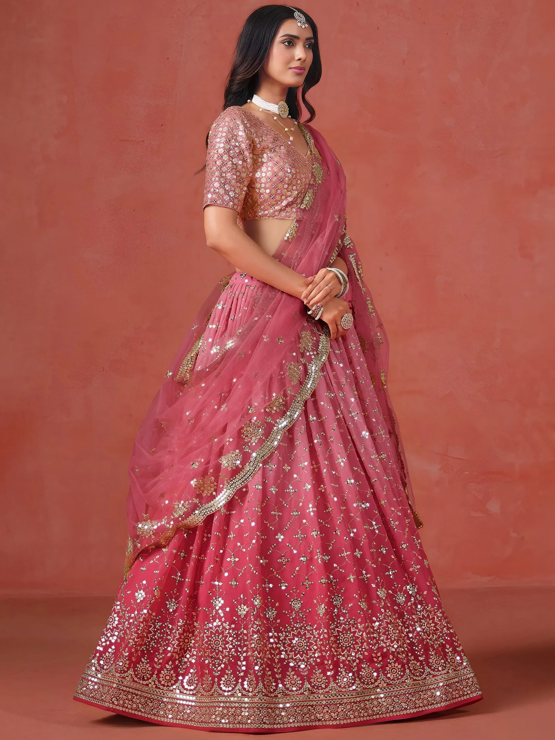 Peach Gorgeous Georgette Zari Embroidered Lehenga Choli With Dupatta