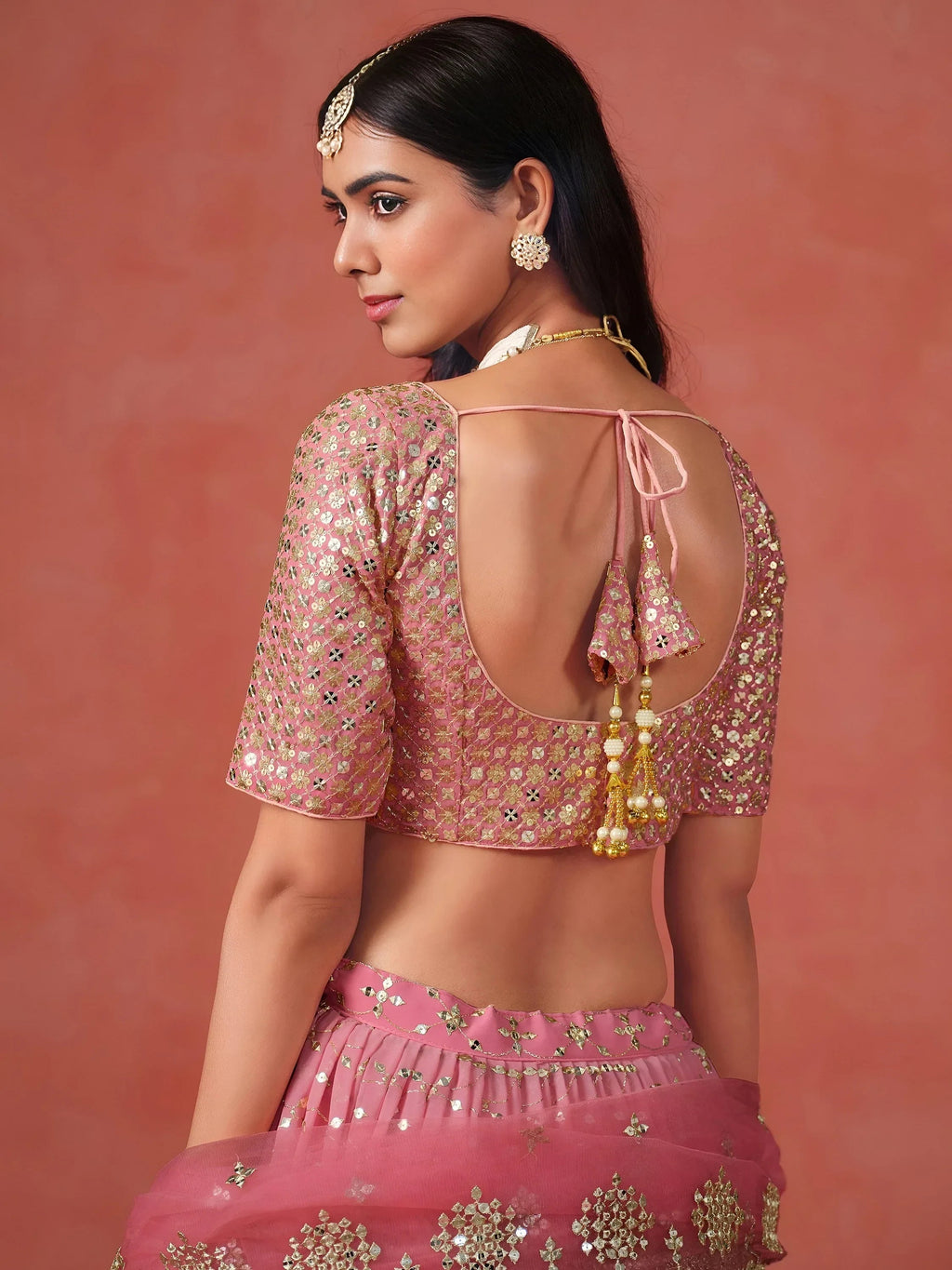 Peach Gorgeous Georgette Zari Embroidered Lehenga Choli With Dupatta