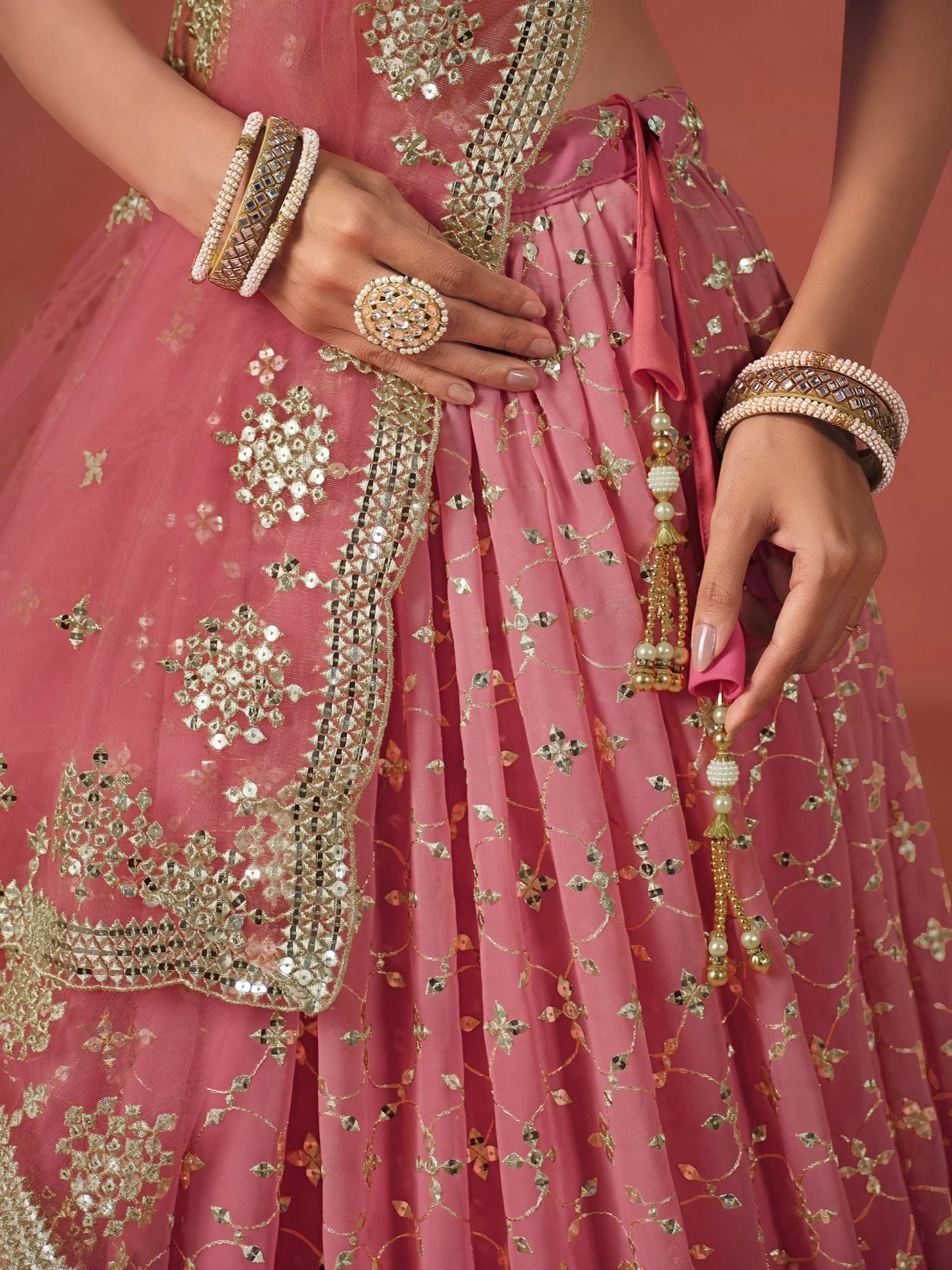 Peach Gorgeous Georgette Zari Embroidered Lehenga Choli With Dupatta