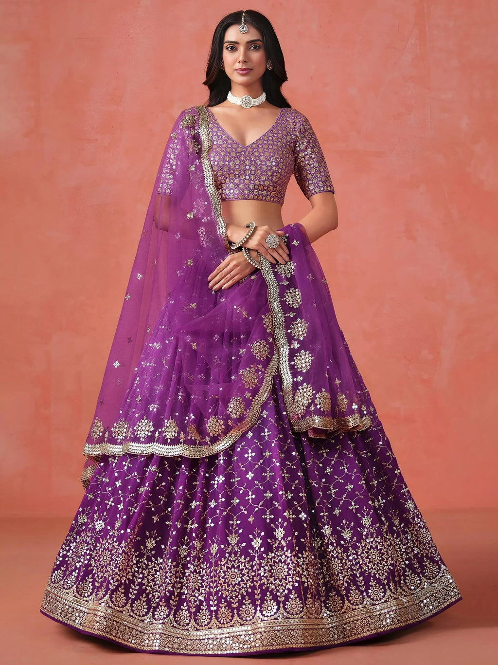 Purple Gorgeous Georgette Zari Embroidered Lehenga Choli With Dupatta