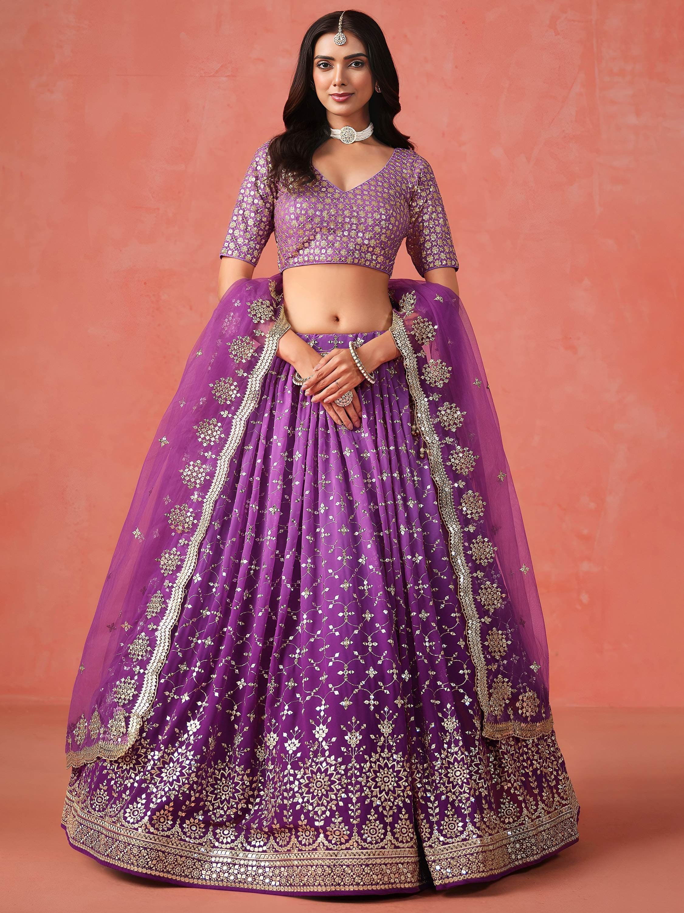 Purple Gorgeous Georgette Zari Embroidered Lehenga Choli With Dupatta