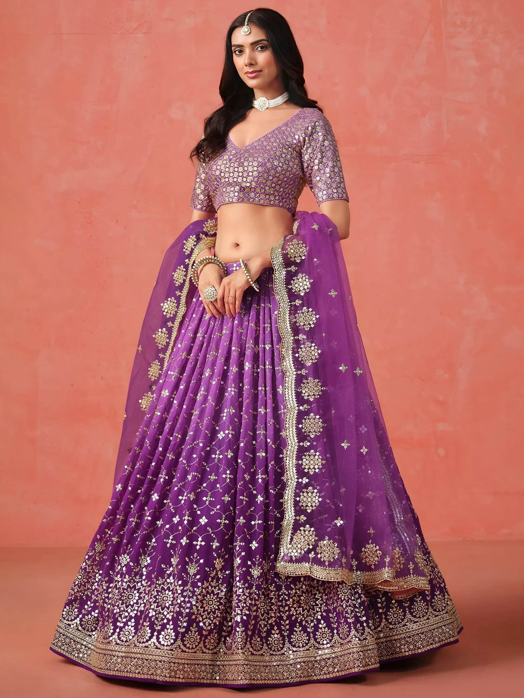 Purple Gorgeous Georgette Zari Embroidered Lehenga Choli With Dupatta