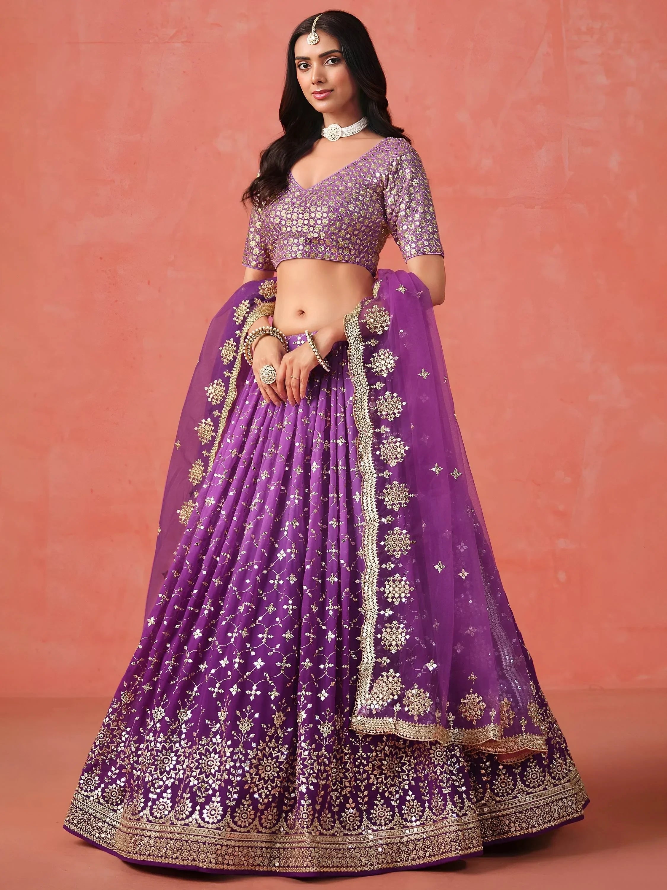 Purple Gorgeous Georgette Zari Embroidered Lehenga Choli With Dupatta