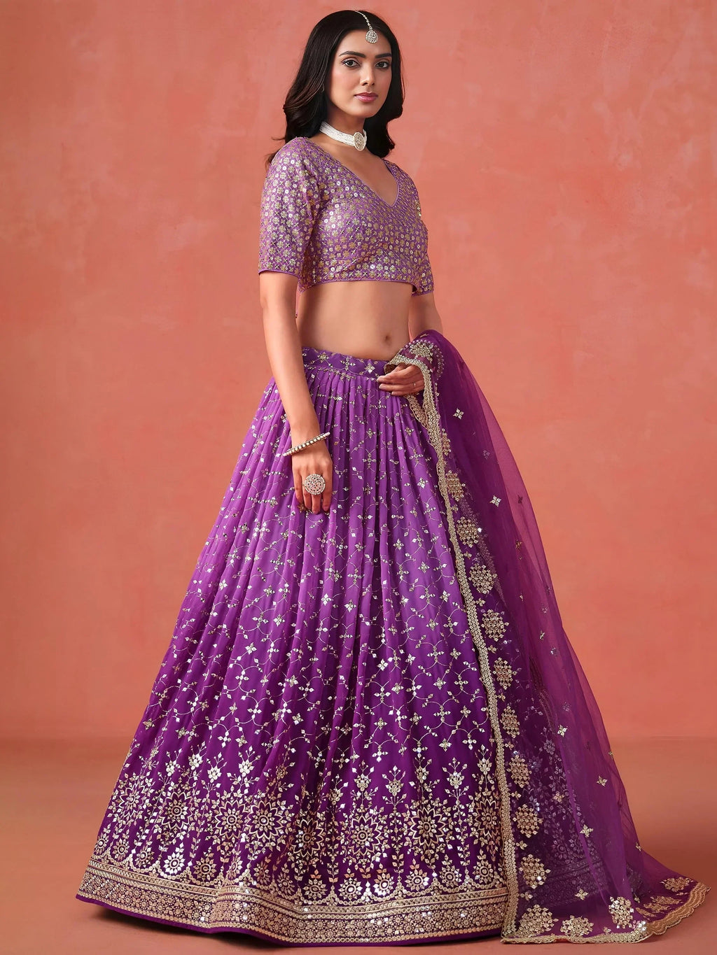 Purple Gorgeous Georgette Zari Embroidered Lehenga Choli With Dupatta